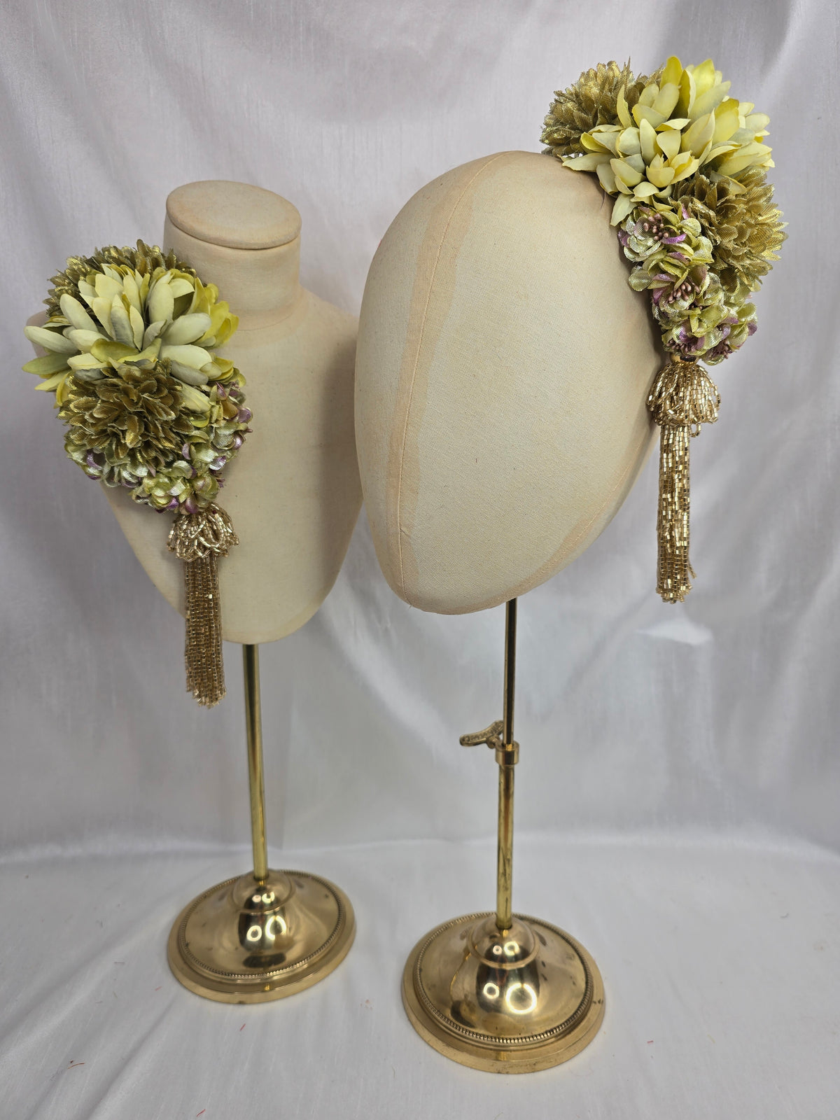 Medium chartreuse and gold flower headpiece/corsage with beaded tassel