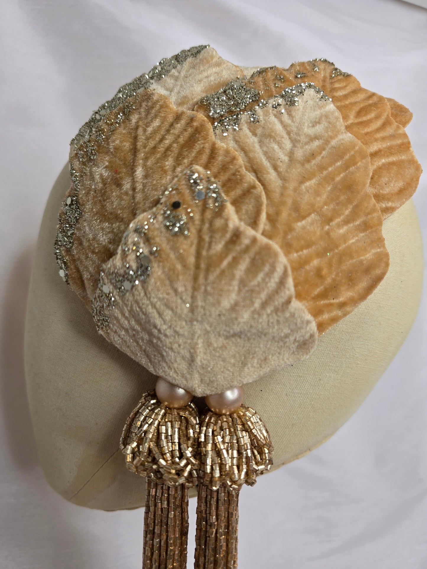 Champagne velvet glittered half hat/fascinator with gold beaded tassels (made to order)