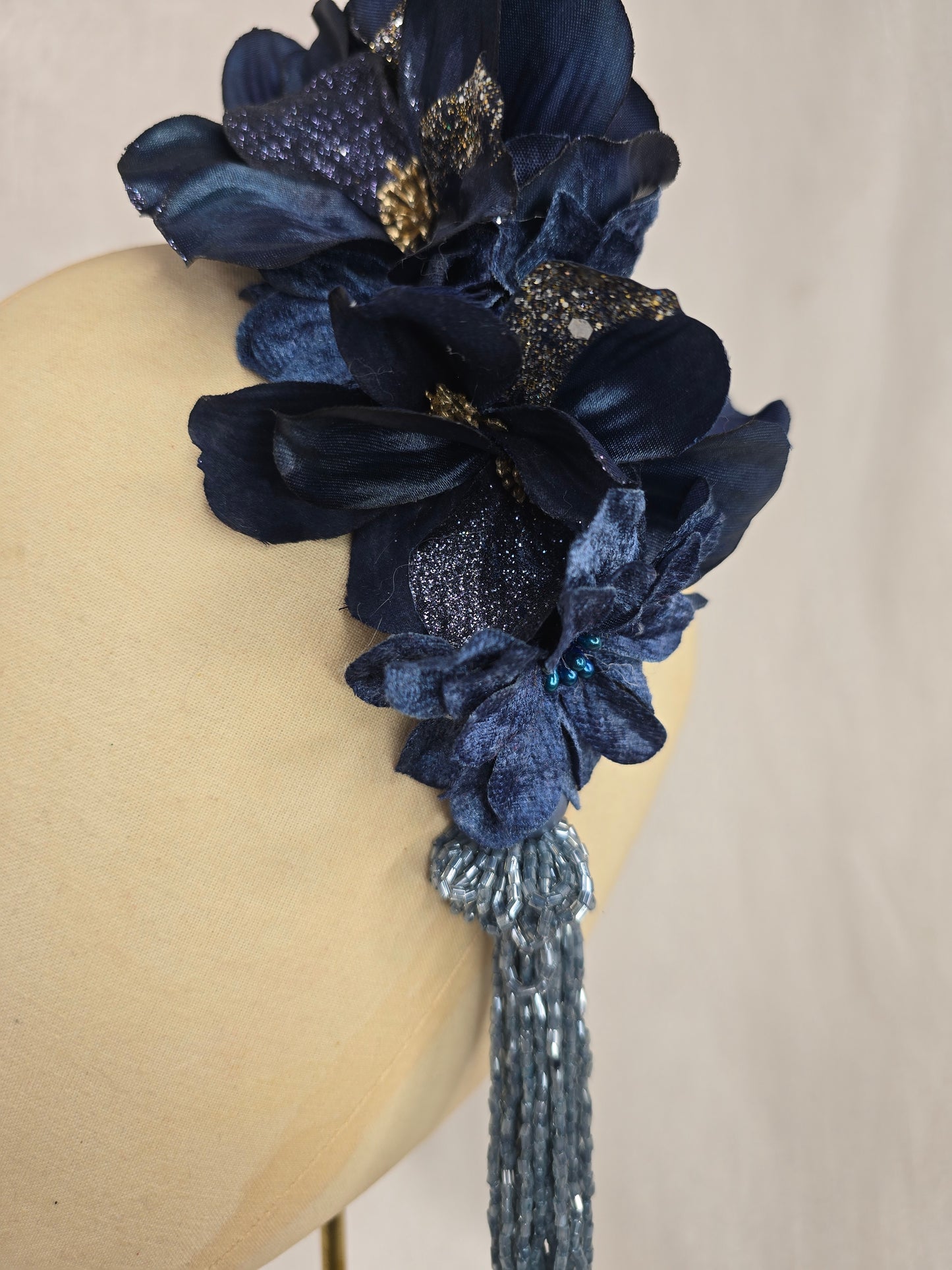 Large navy and silver flower headpiece with beaded tassels