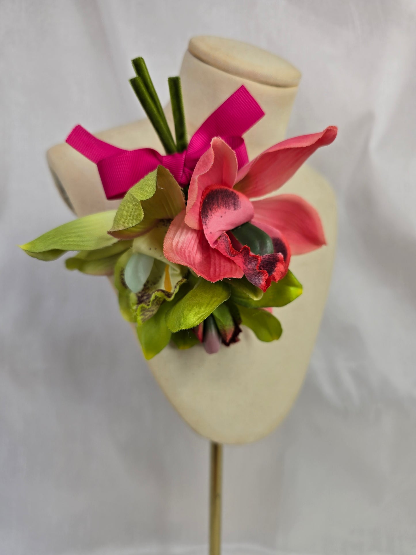Green and pink orchid hair flower and corsage set