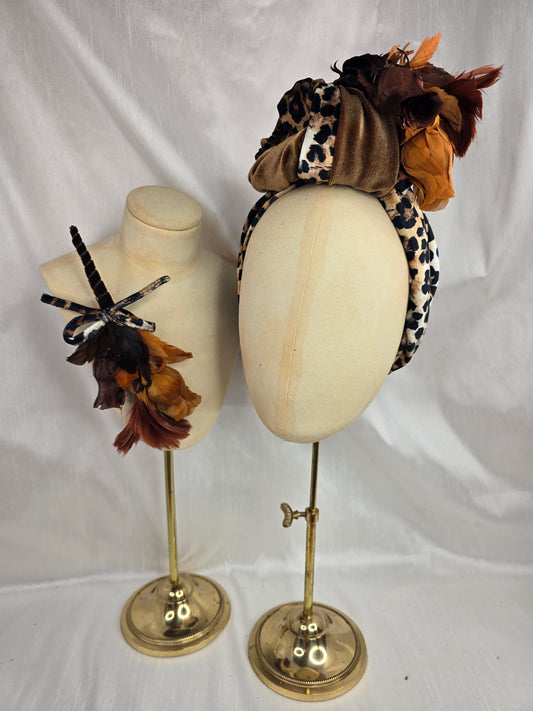 Tan and leopard stretch velvet turban with vintage feather trim and corsage