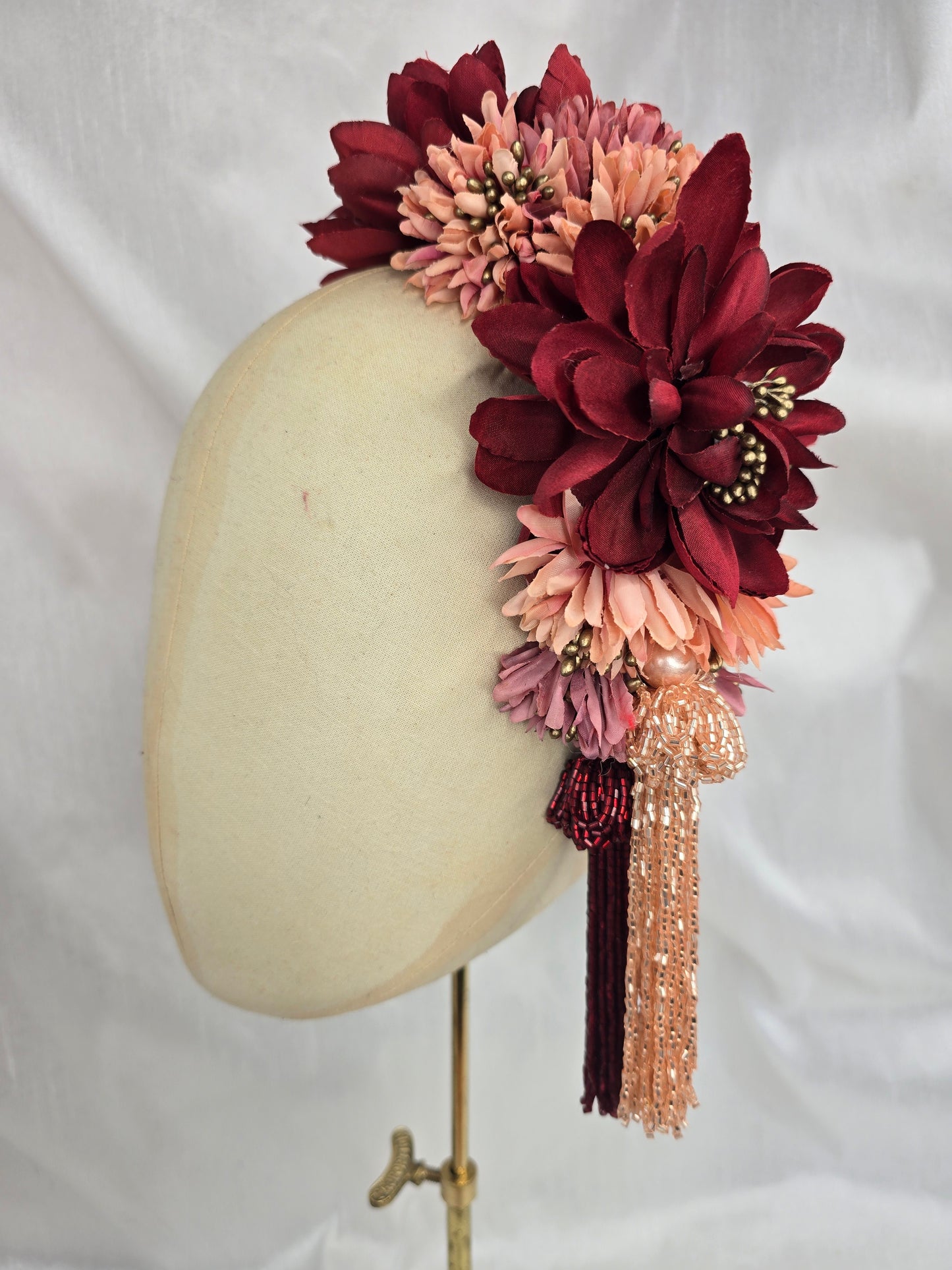 Large red, coral, pink and gold flower headpiece with beaded tassels