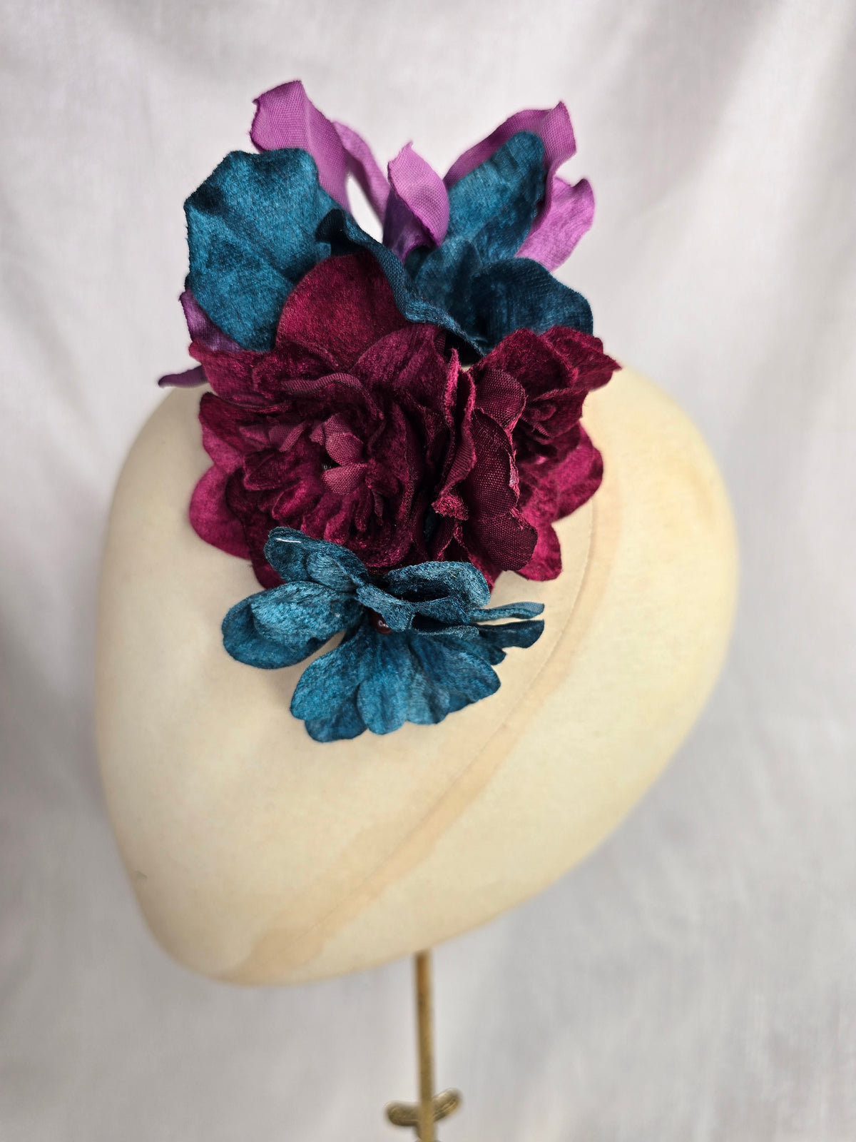 Teal, purple and burgundy velvet orchid hair flower and corsage set