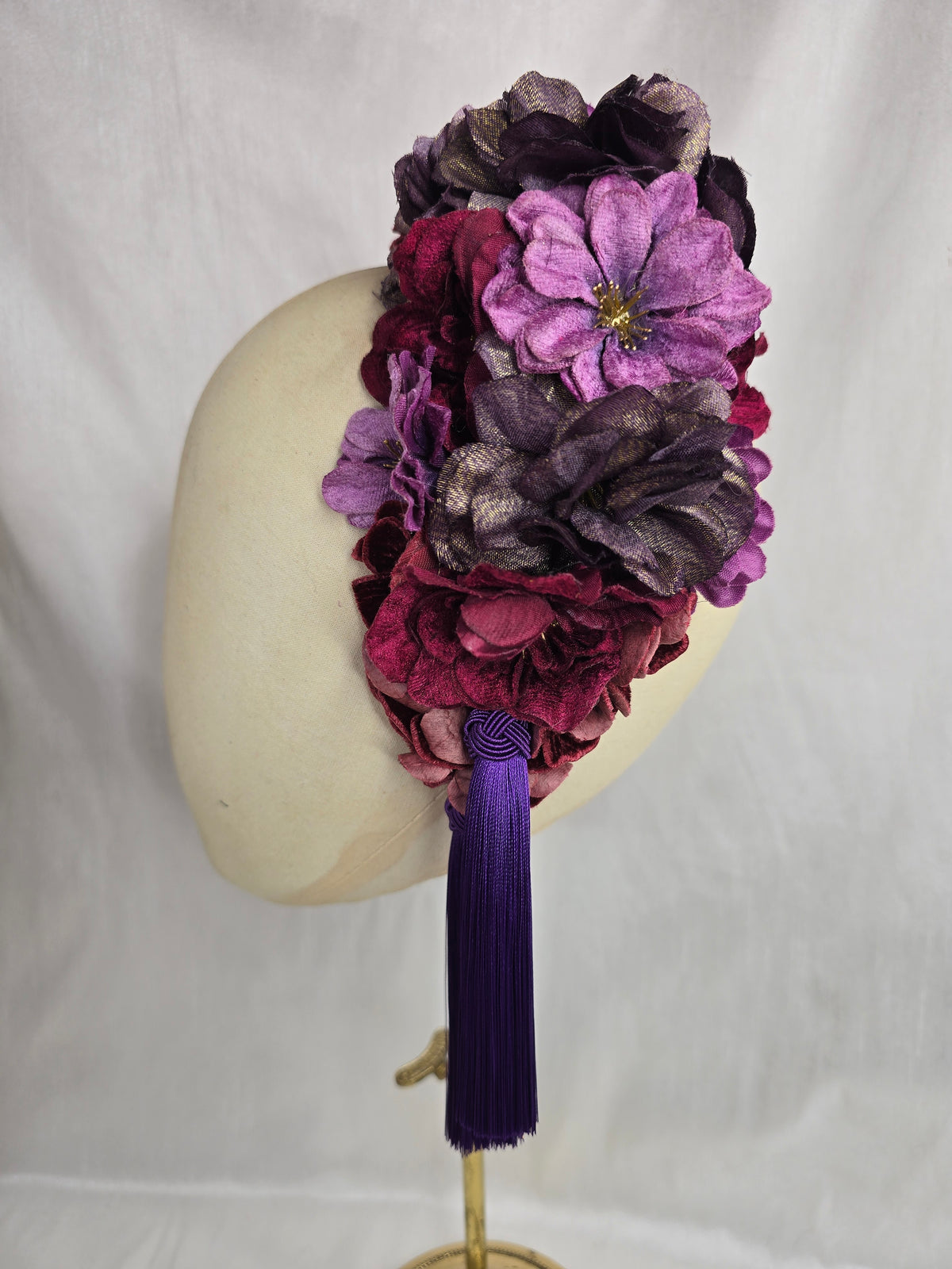 XL purple, maroon and burgundy autumn flower headpiece with silky tassels