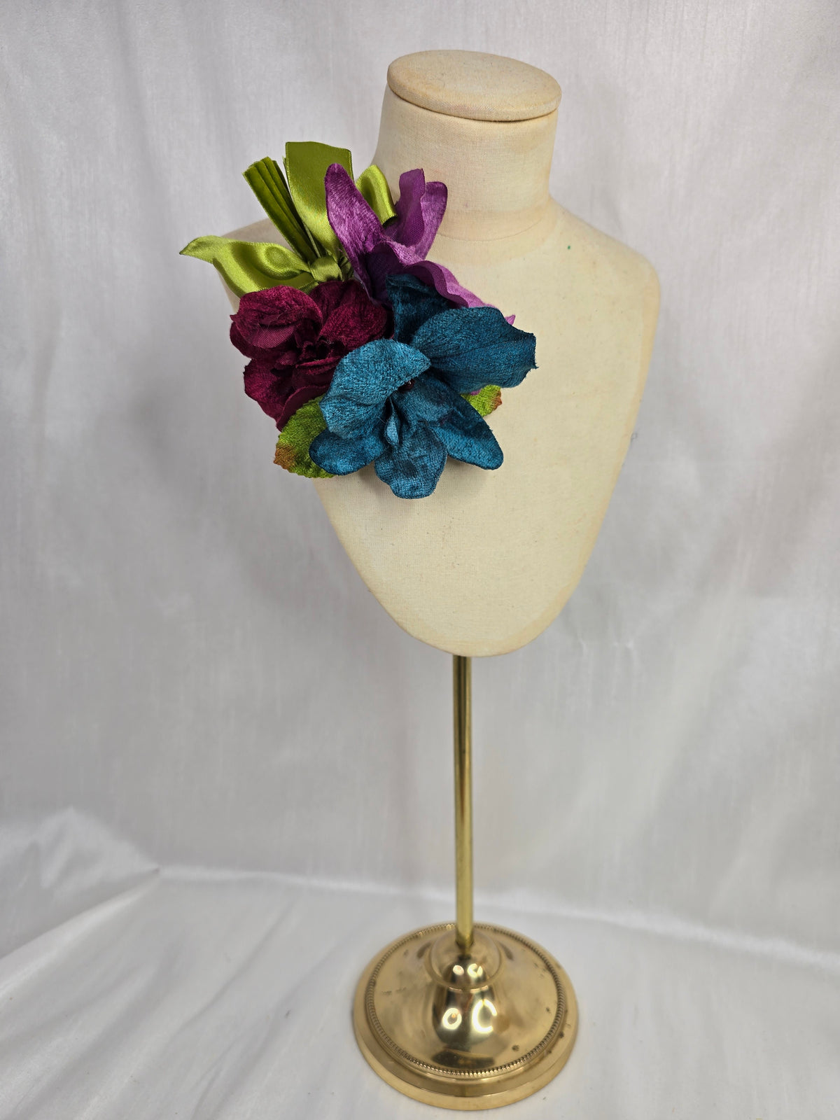 Teal, purple and burgundy velvet orchid hair flower and corsage set