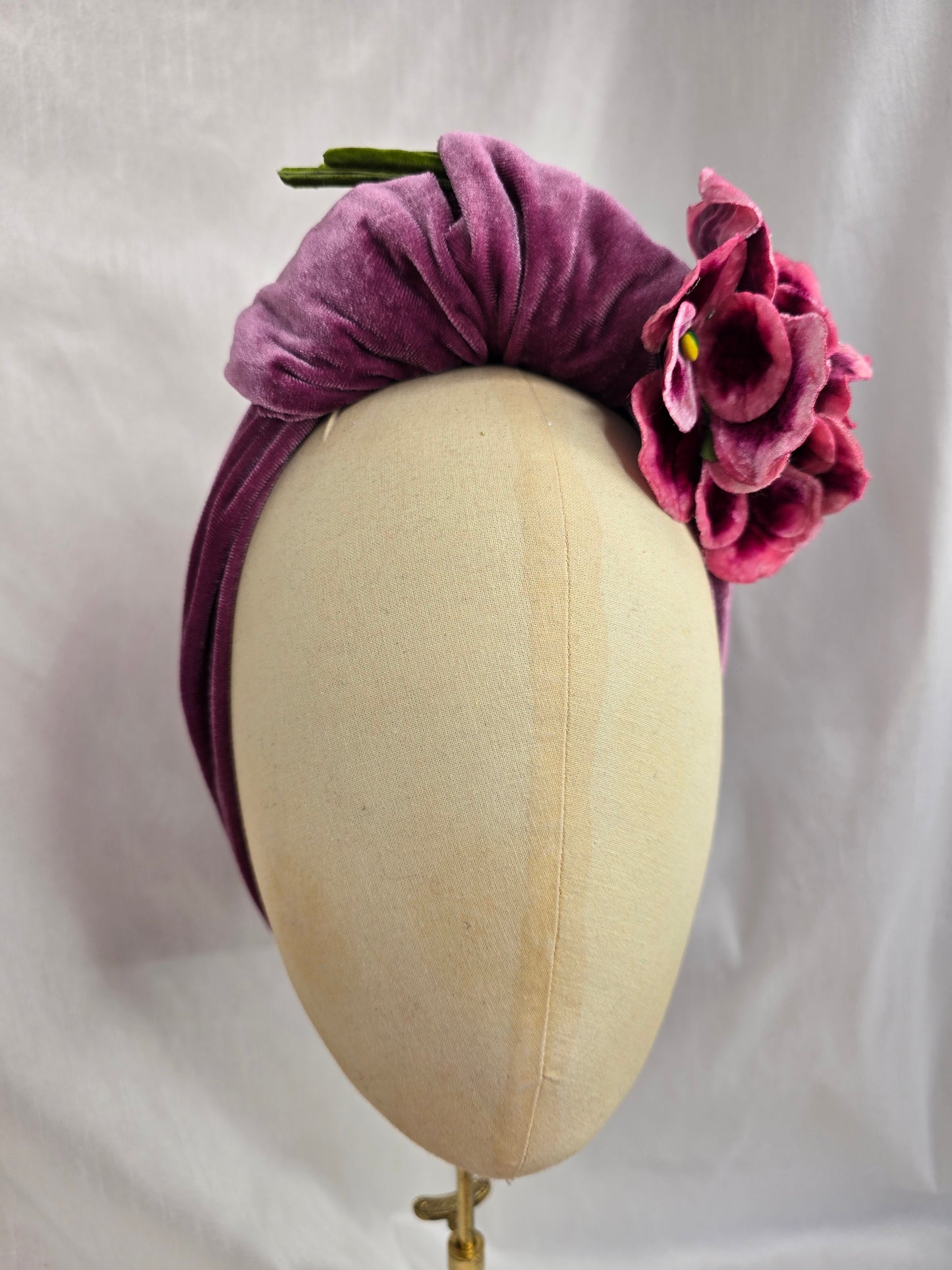 Heather purple stretch velvet turban with flower trim and corsage