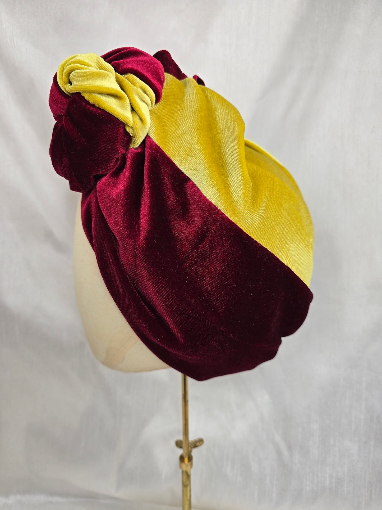 (Copy) Black and chartreuse and red stretch velvet turban with flowers