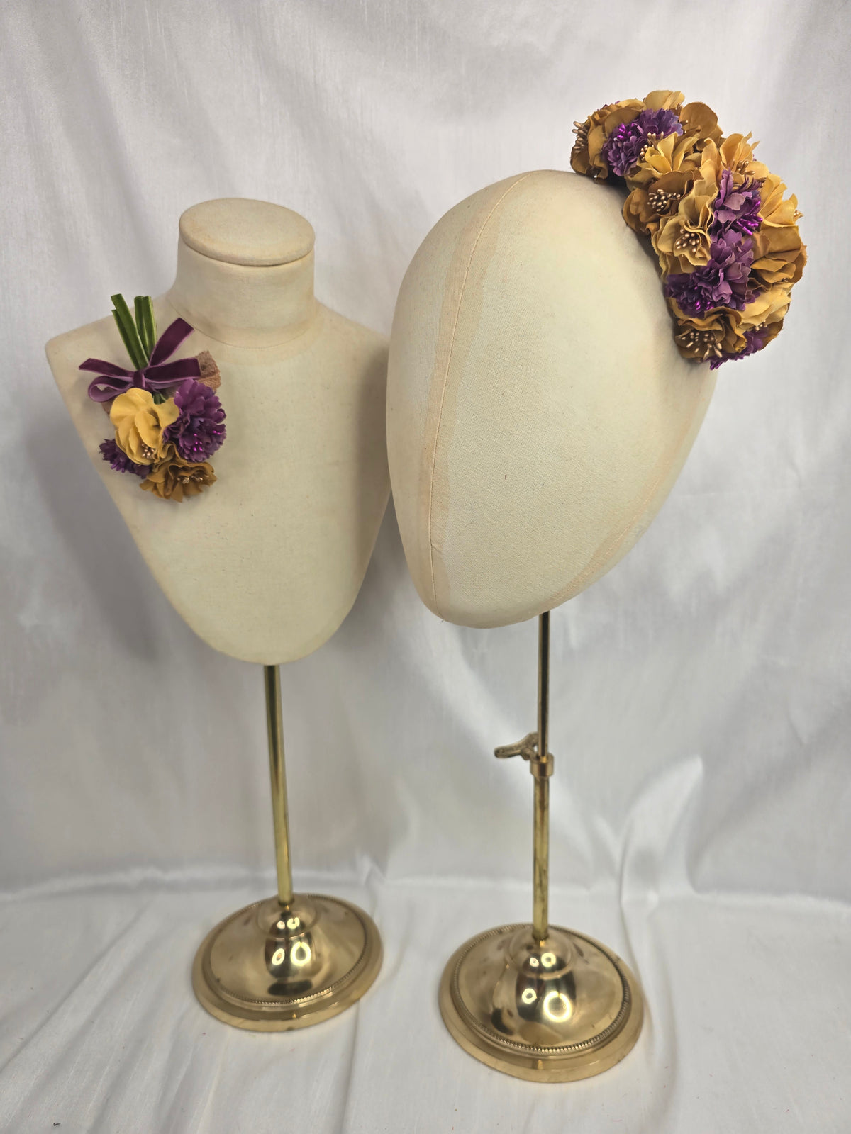 Purple and mustard blossom hair flower/corsage