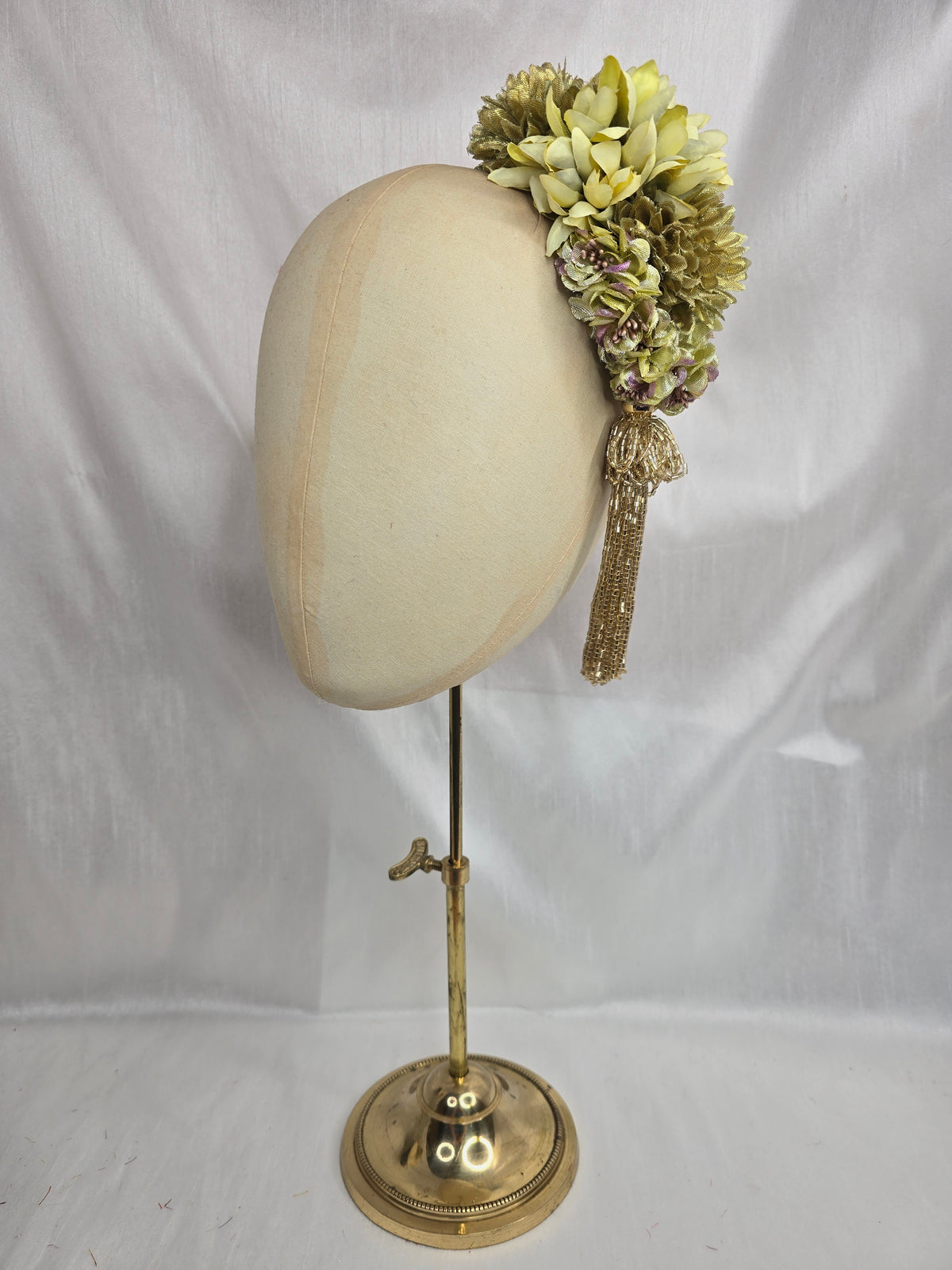 Medium chartreuse and gold flower headpiece/corsage with beaded tassel
