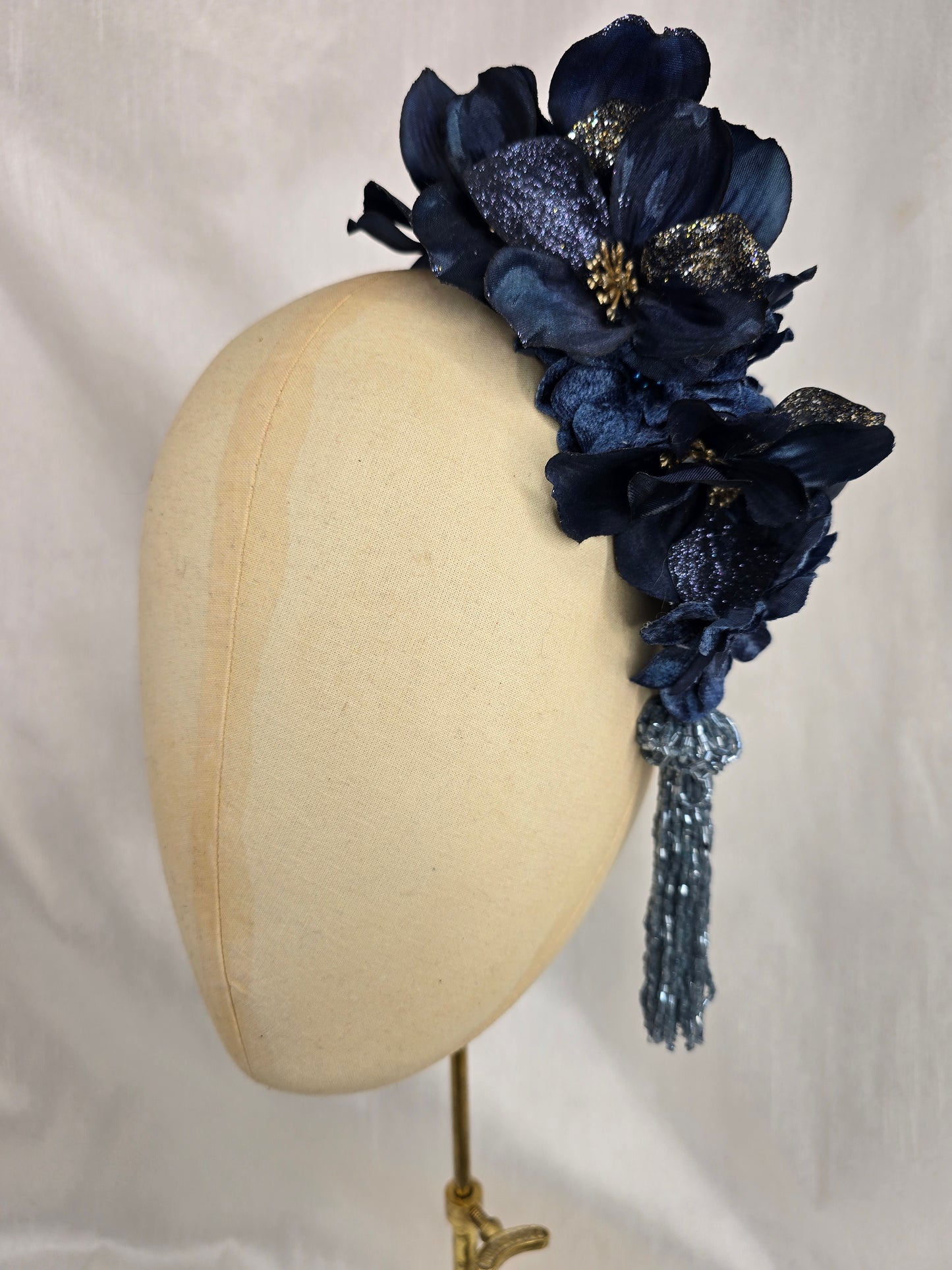 Large navy and silver flower headpiece with beaded tassels