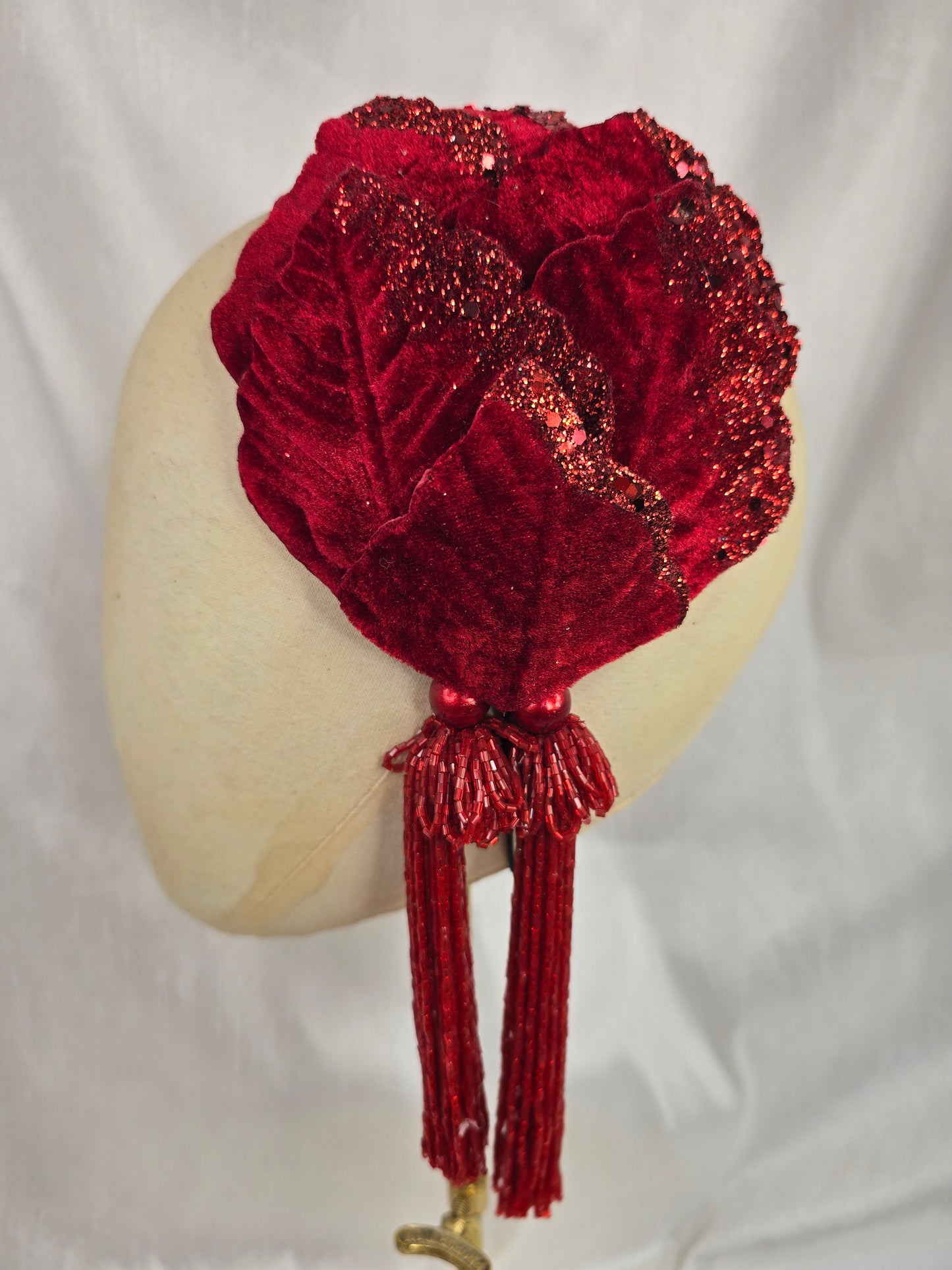 Red velvet glittered half hat/fascinator with red beaded tassels (made to order)
