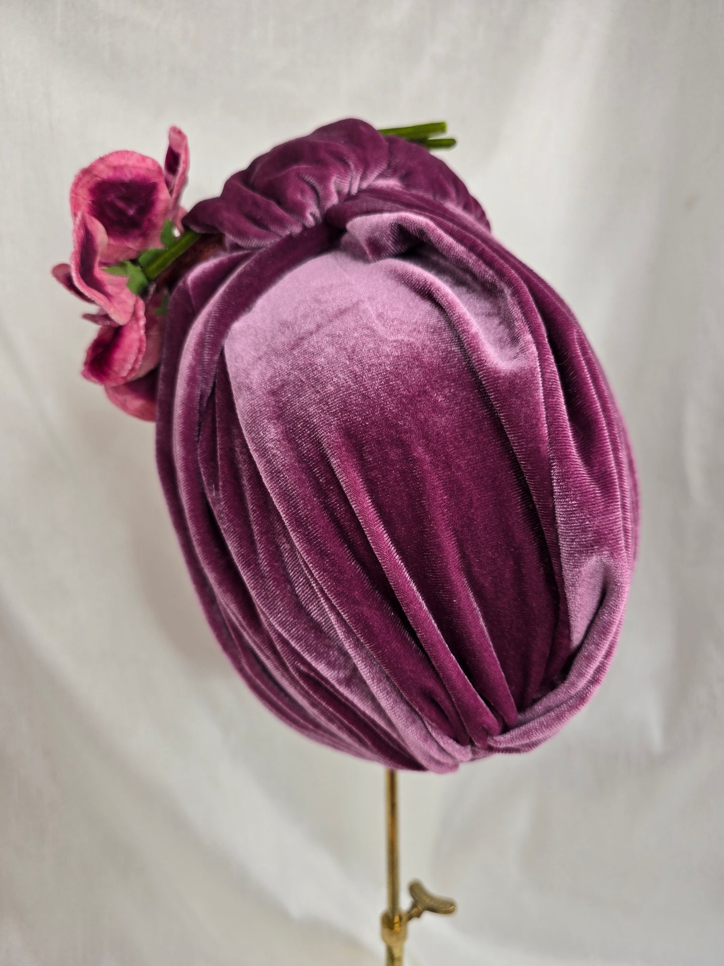 Heather purple stretch velvet turban with flower trim and corsage