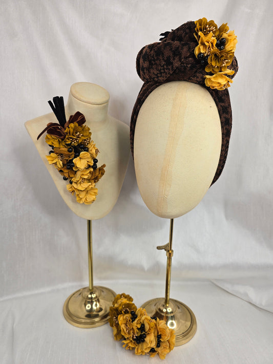 Brown houndstooth stretch velvet turban with mustard flowers
