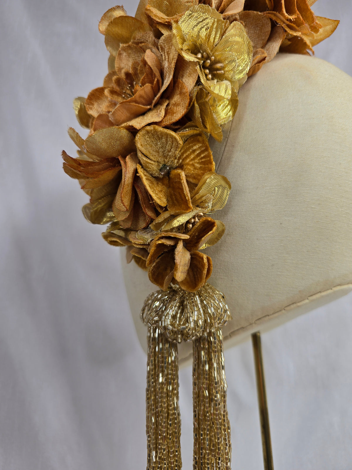 XL luxury autumn gold flower headpiece with gold beaded tassels