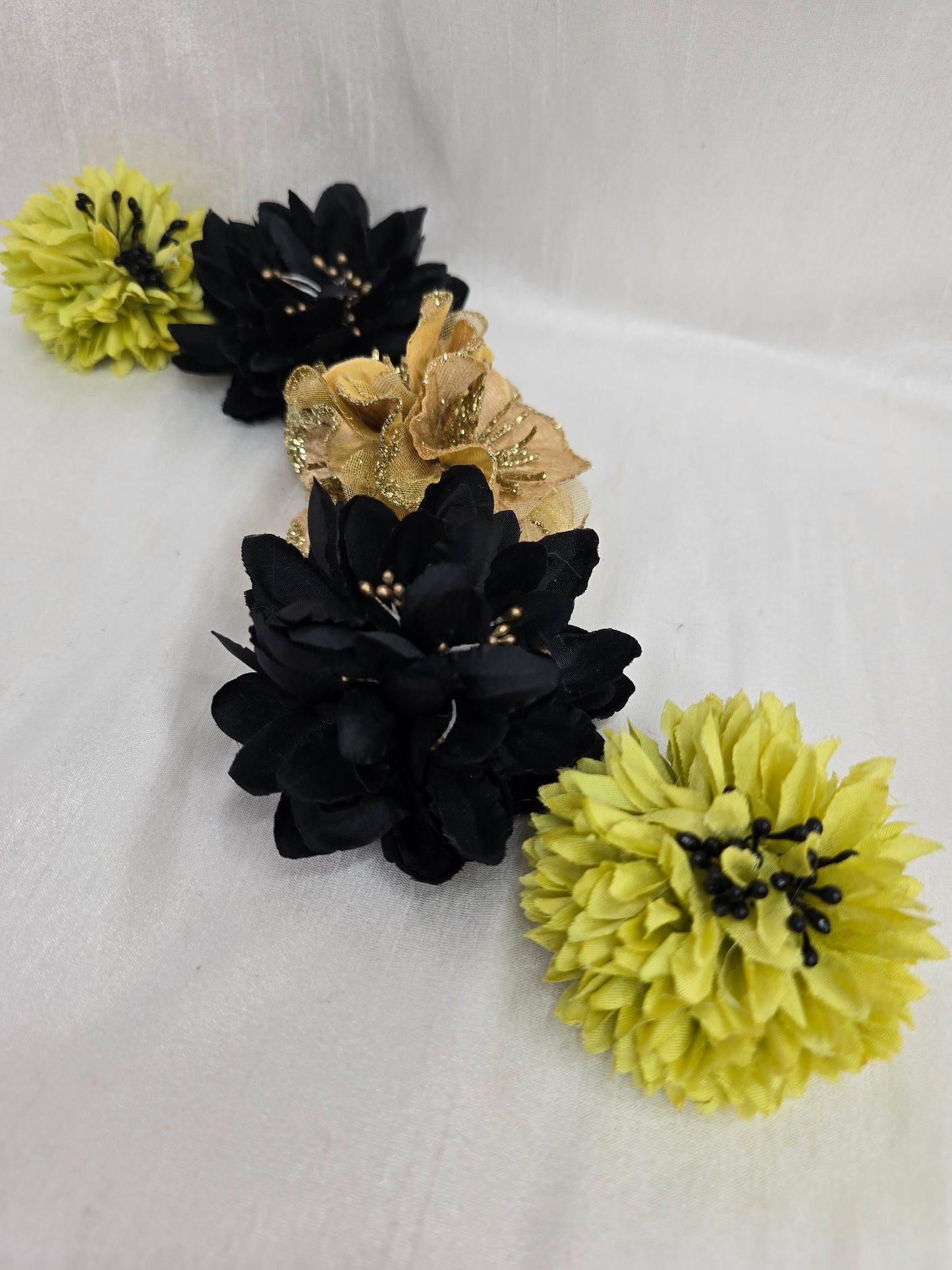 Set of 5 mix & match hair flowers/corsages - black and chartreuse