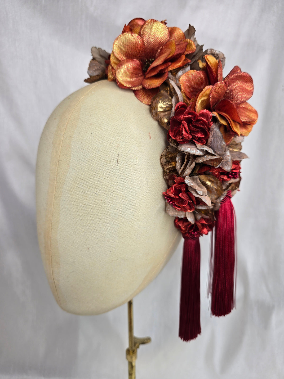 XL mocha, orange and red autumn flower headpiece with red silky tassels