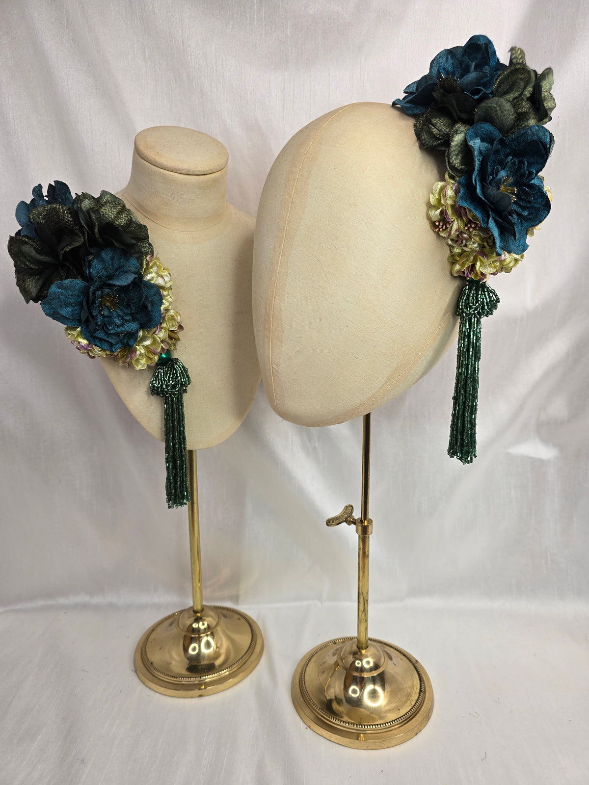 Medium teal, green, gold and chartreuse flower headpiece/corsage with beaded tassel
