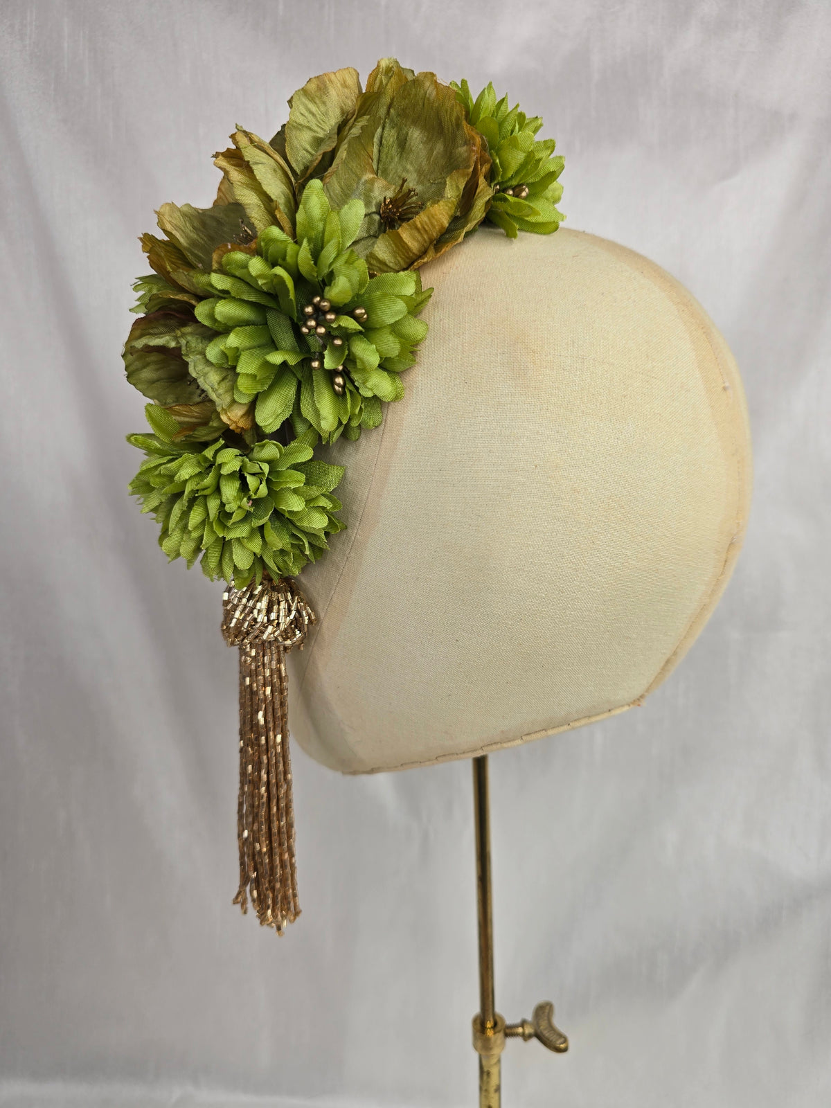 L chartreuse, lime green and gold autumn flower headpiece with beaded tassel