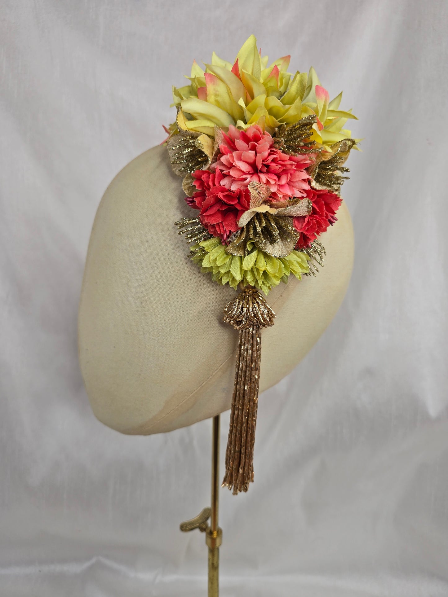 Large gold/coral/chartruese hair flower with beaded tassel