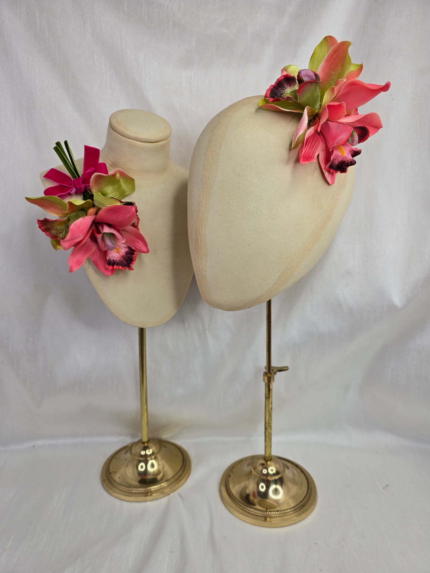 Medium green and pink orchid hair flower and corsage set