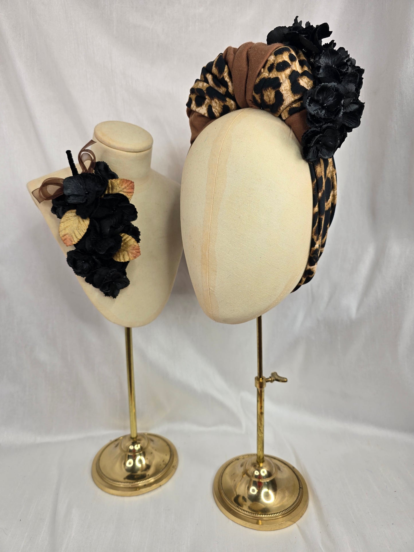 Leopard and tan stretch jersey turban with flower trim and corsage