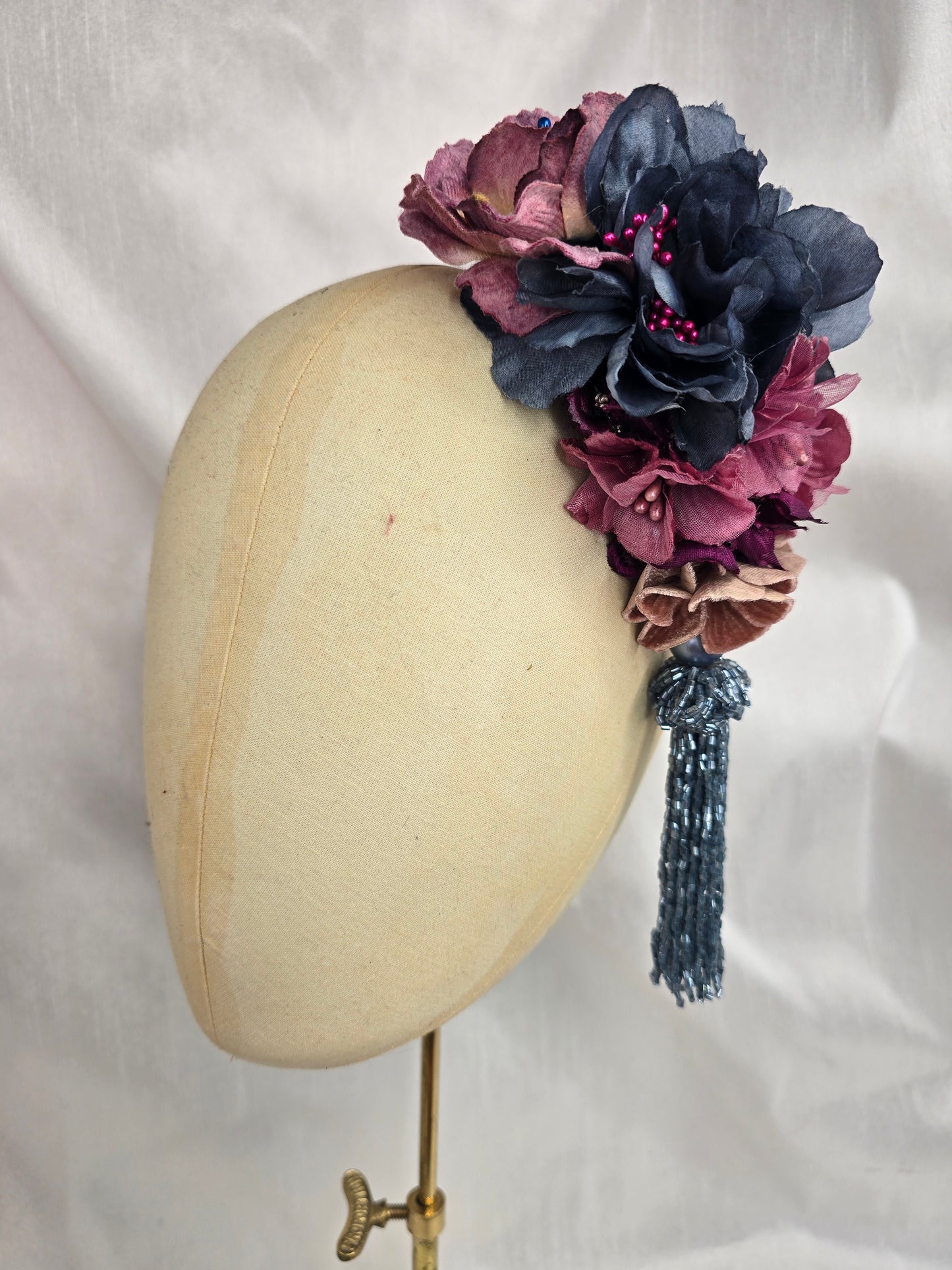 Medium purple and blue flower headpiece with beaded tassel