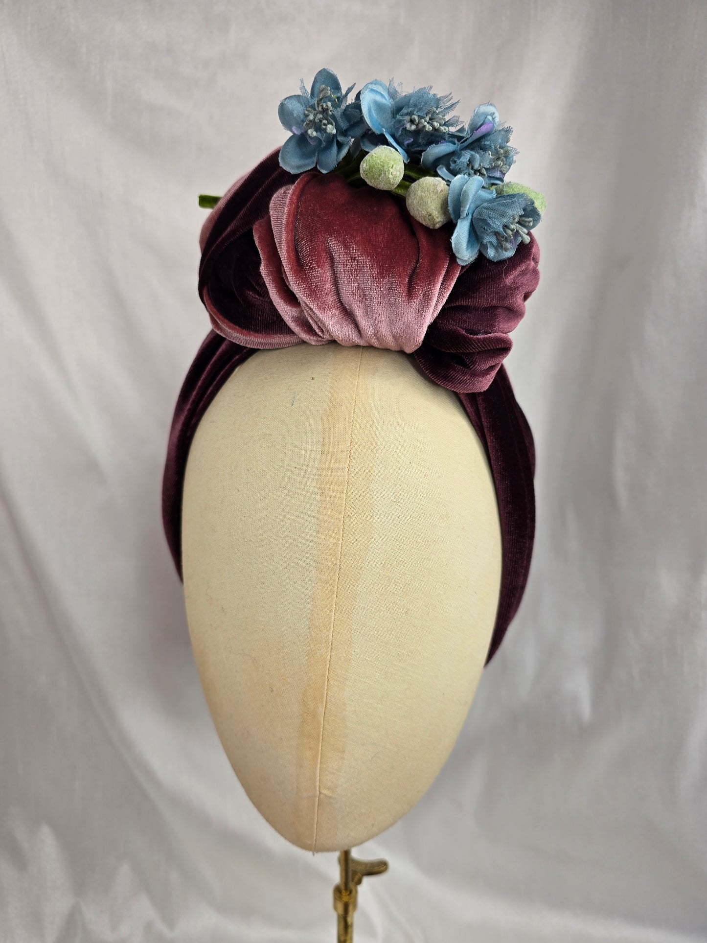 Pink and mocha stretch velvet turban with flower trim, hair flower and corsage