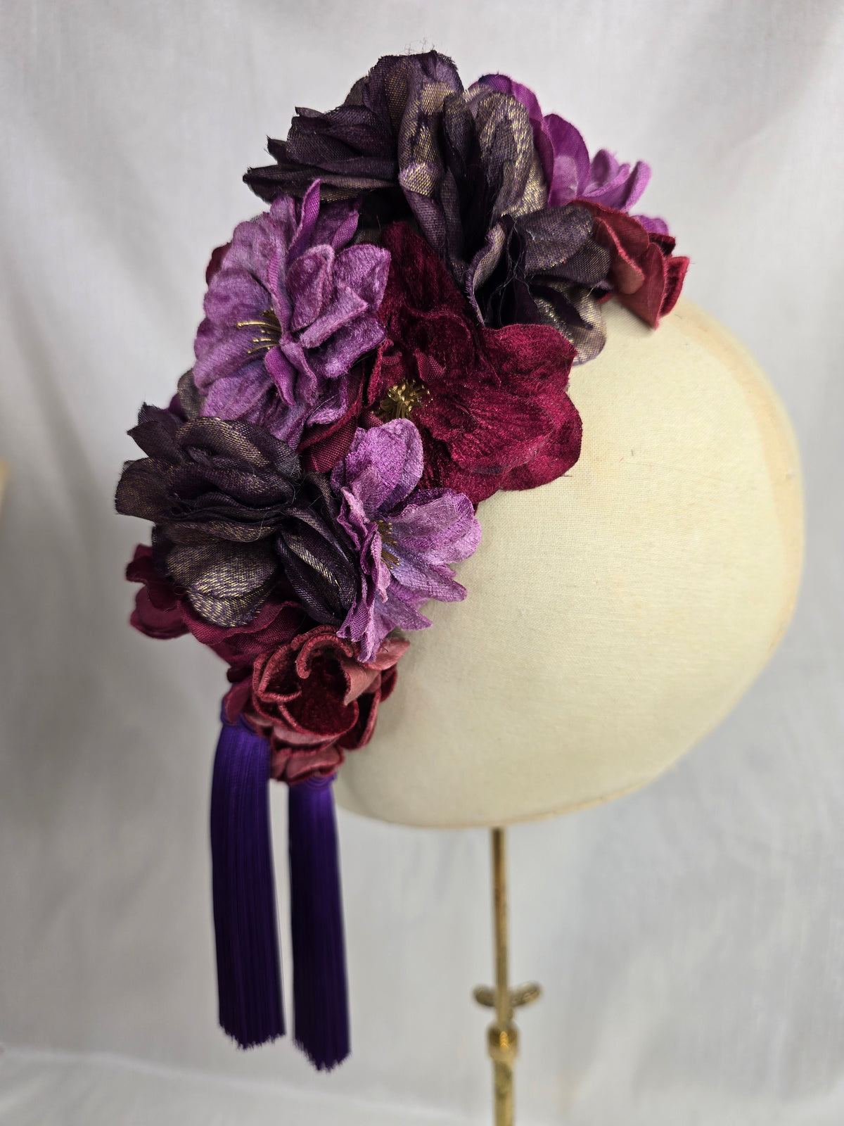 XL purple, maroon and burgundy autumn flower headpiece with silky tassels
