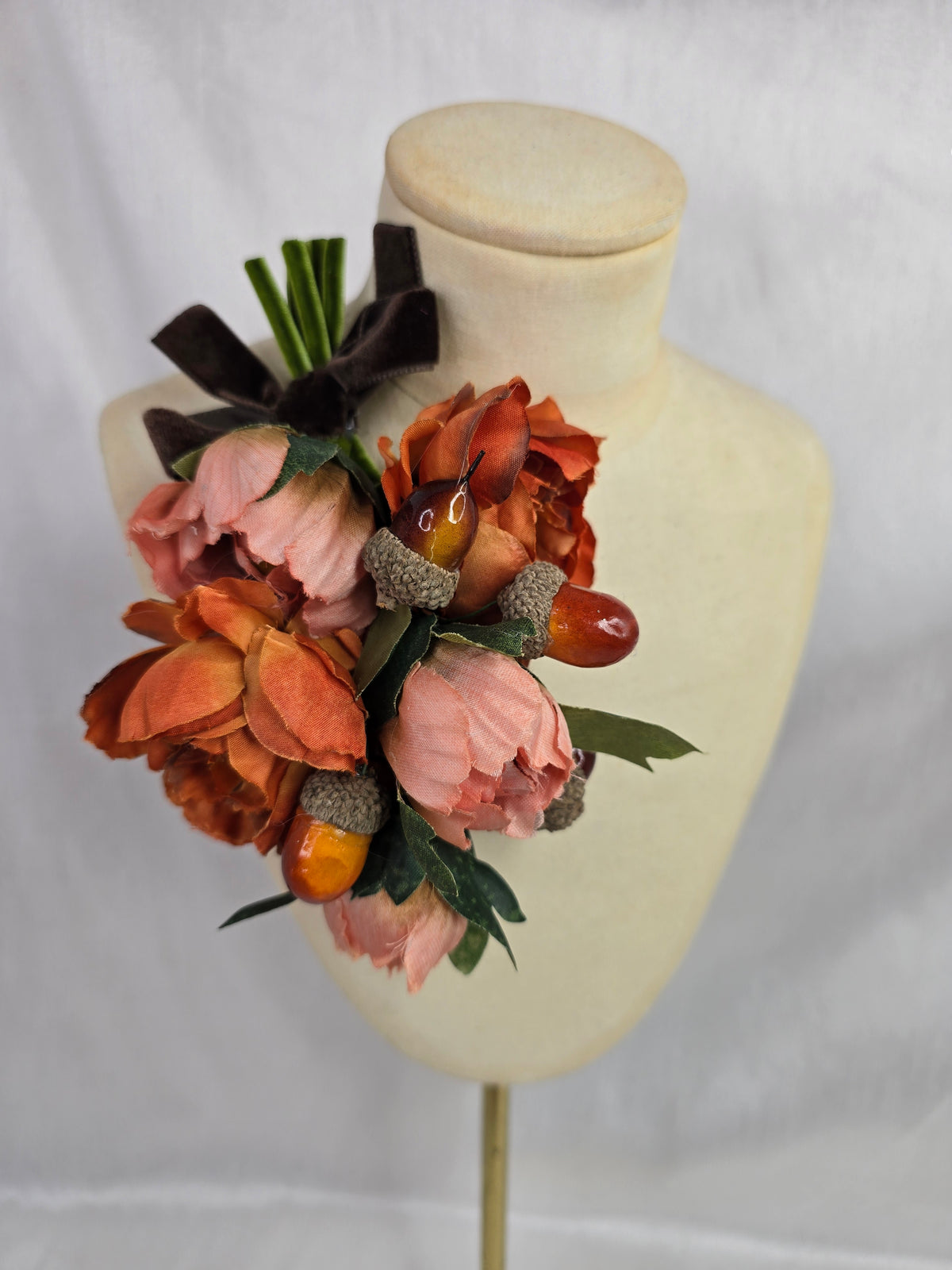 Orange rose and acorn autumn hair flower and corsage set