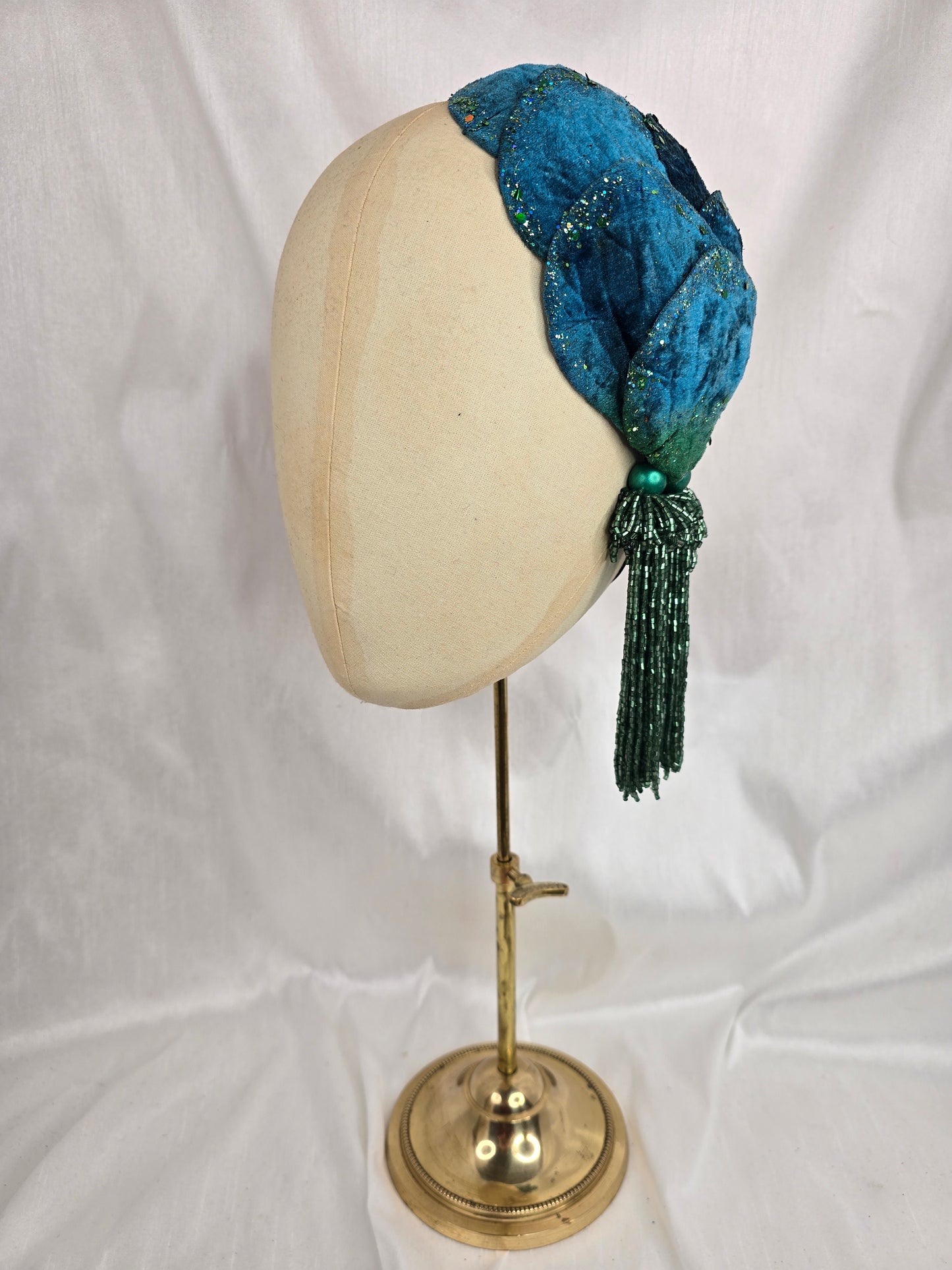 Teal and green half hat/fascinator with beaded tassels (made to order)