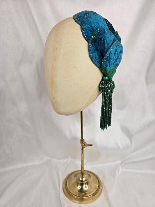 Teal and green half hat/fascinator with beaded tassels (made to order)