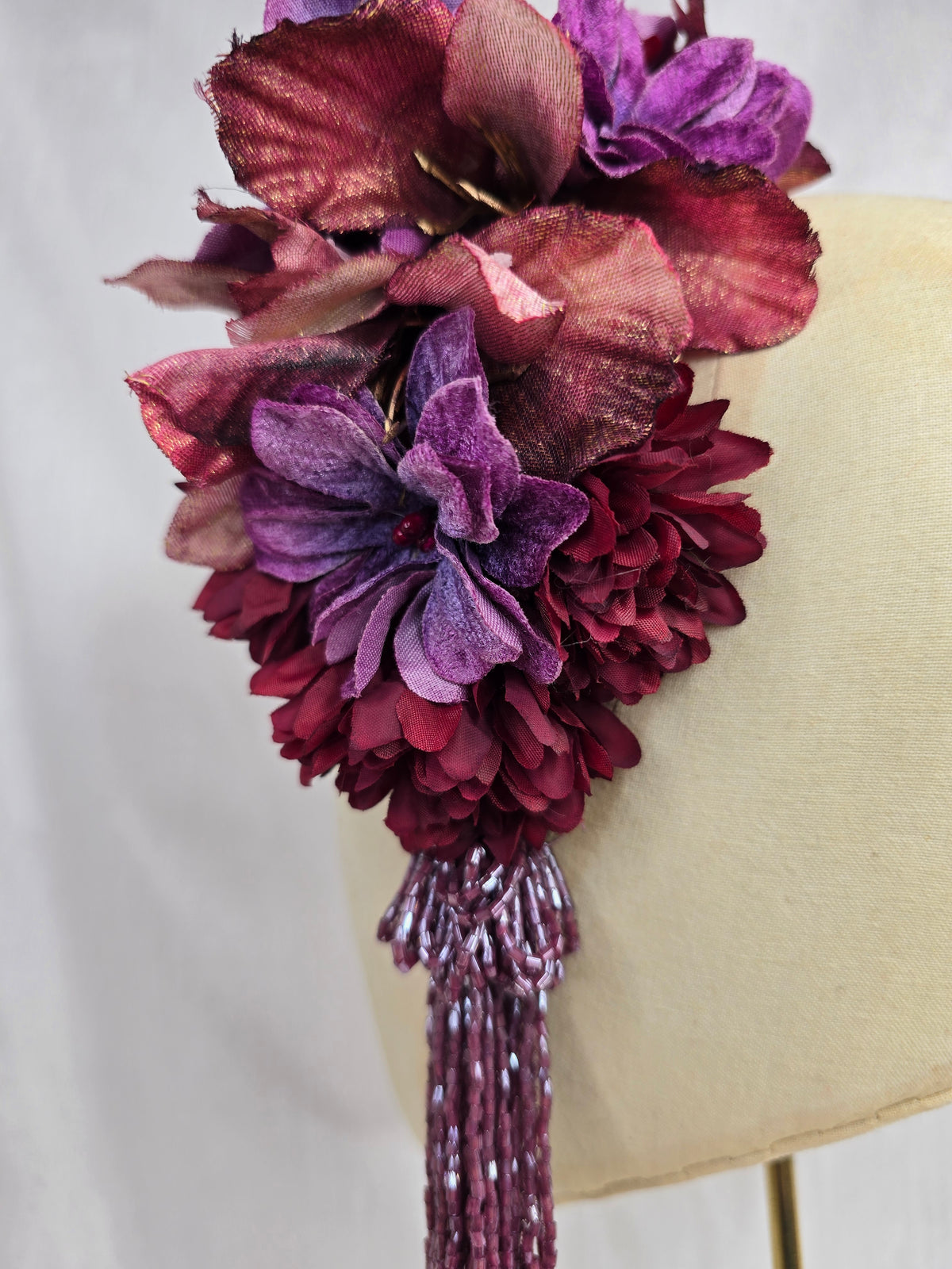 XL purple, maroon and gold autumn flower headpiece with beaded tassels