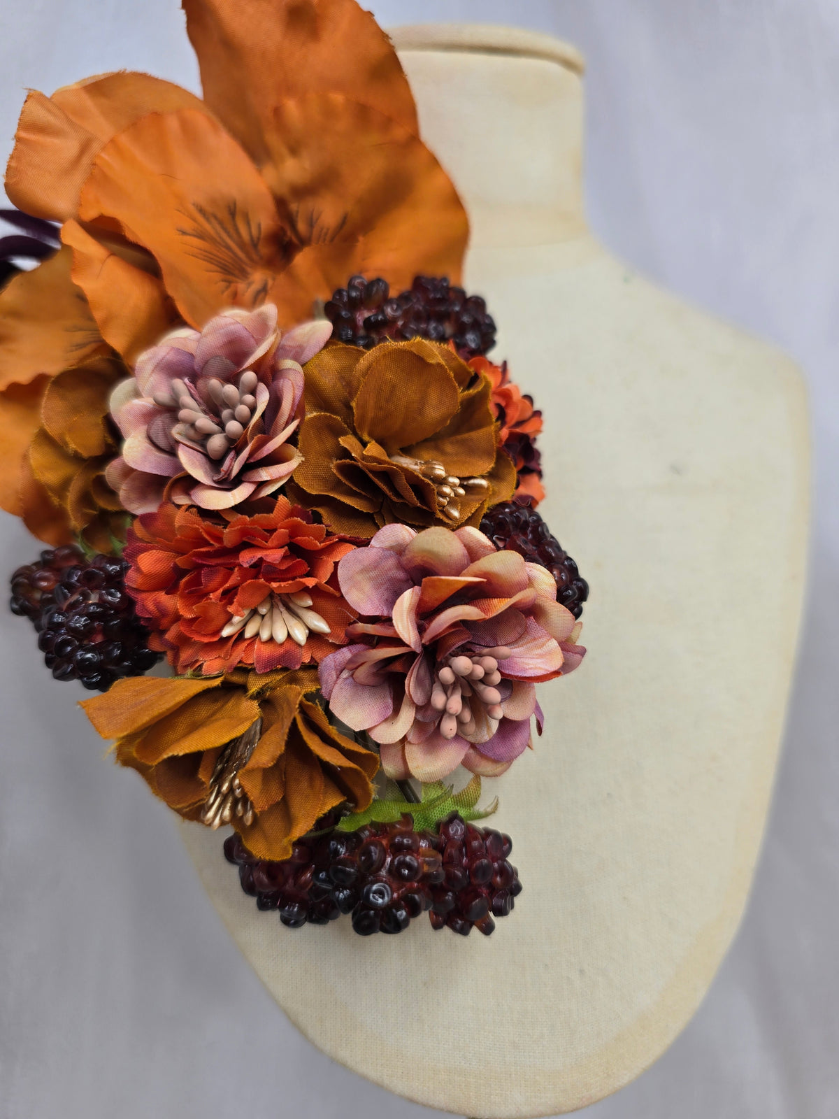 Peach, orange and raspberry hair flower and corsage set