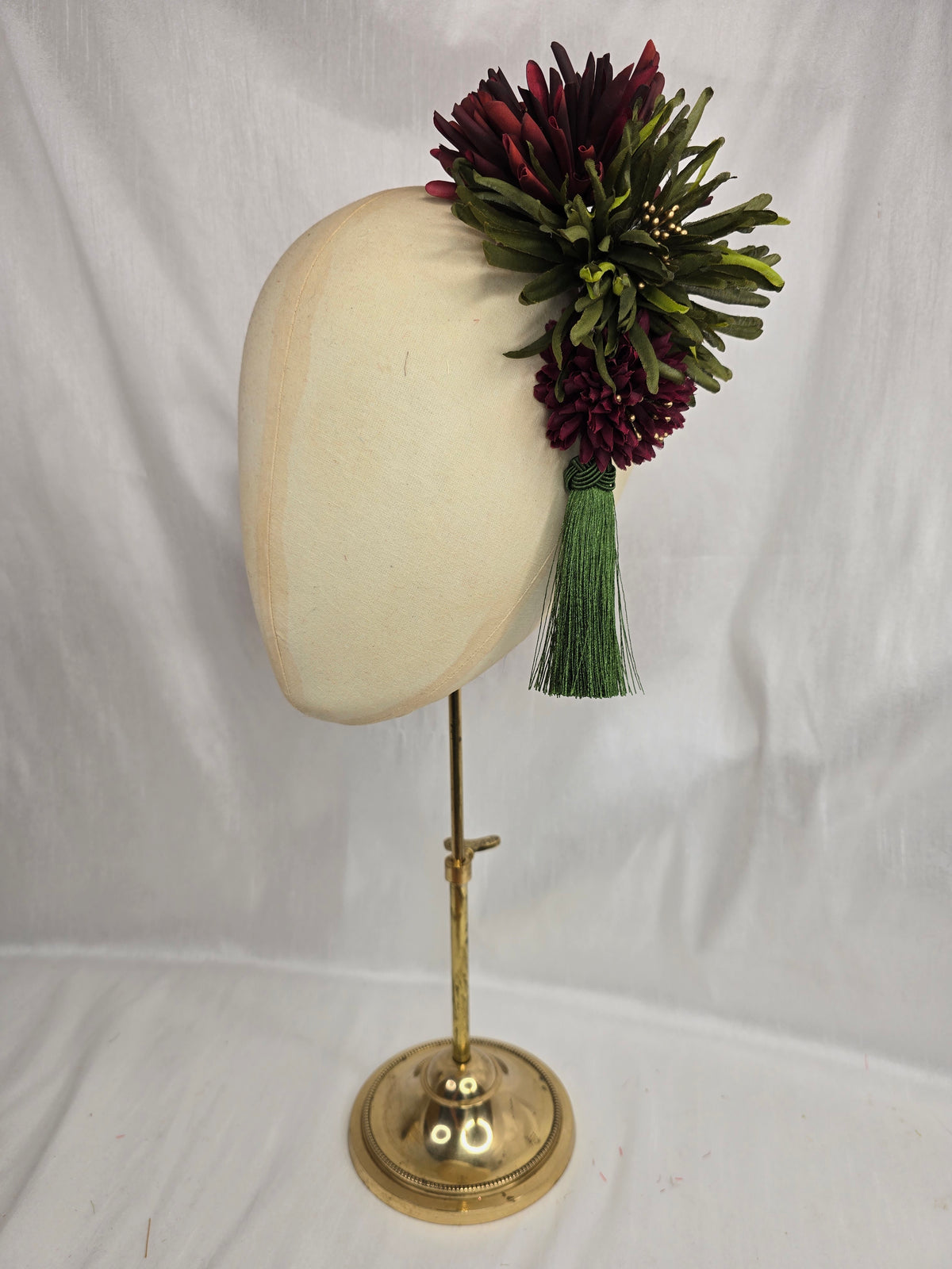 L olive, maroon and gold autumn flower headpiece/corsage with silky tassel