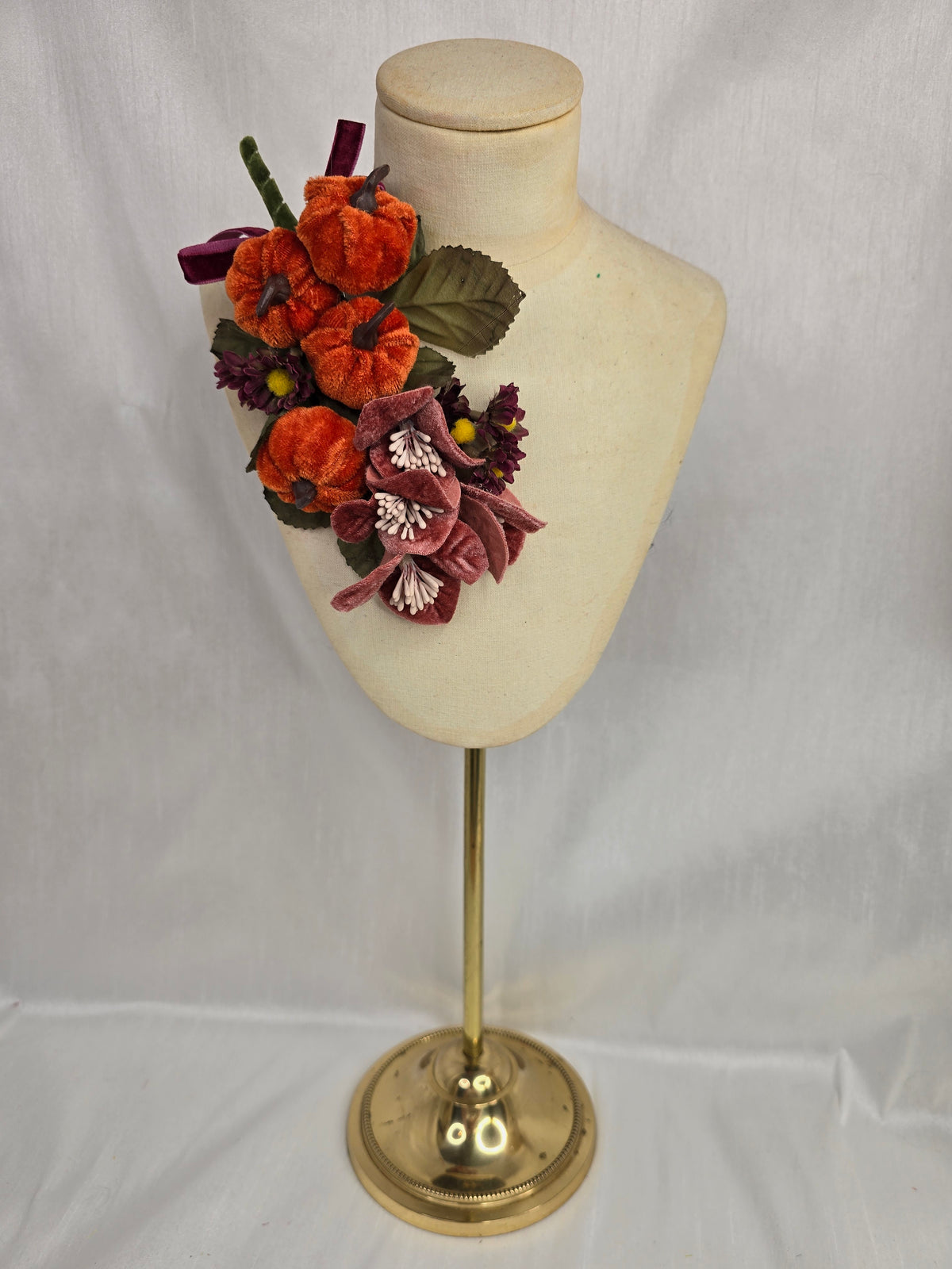 Orange, pink and teal pumpkin corsage