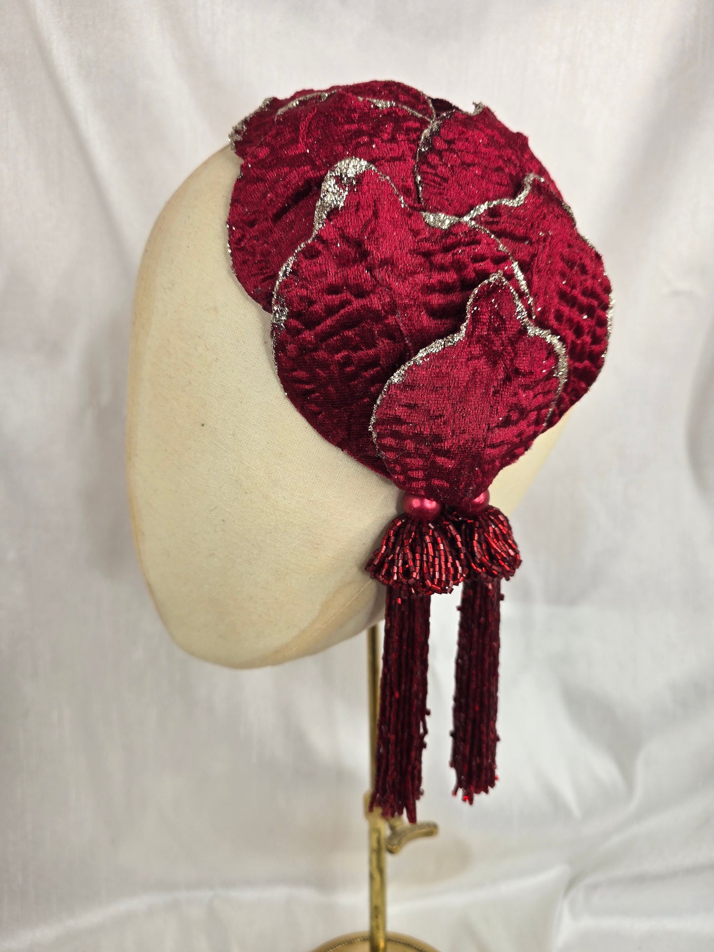 Wine red half hat/fascinator with beaded tassels (made to order)