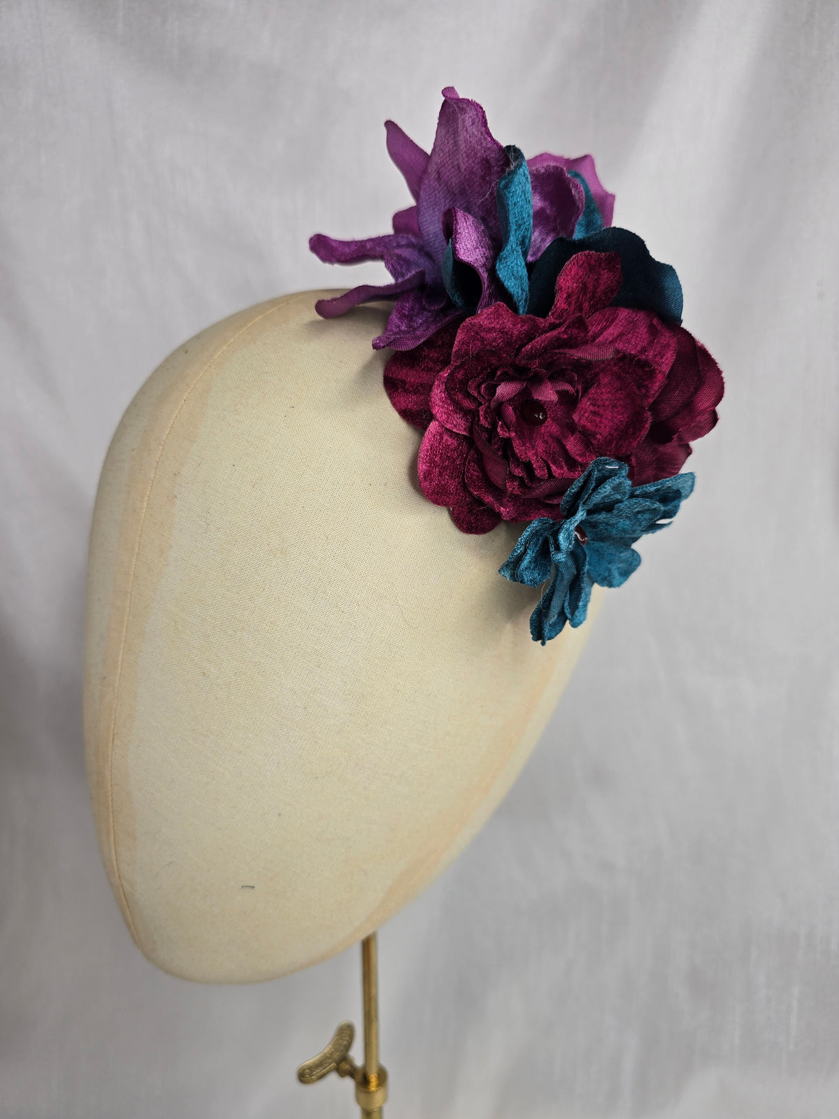 Teal, purple and burgundy velvet orchid hair flower and corsage set