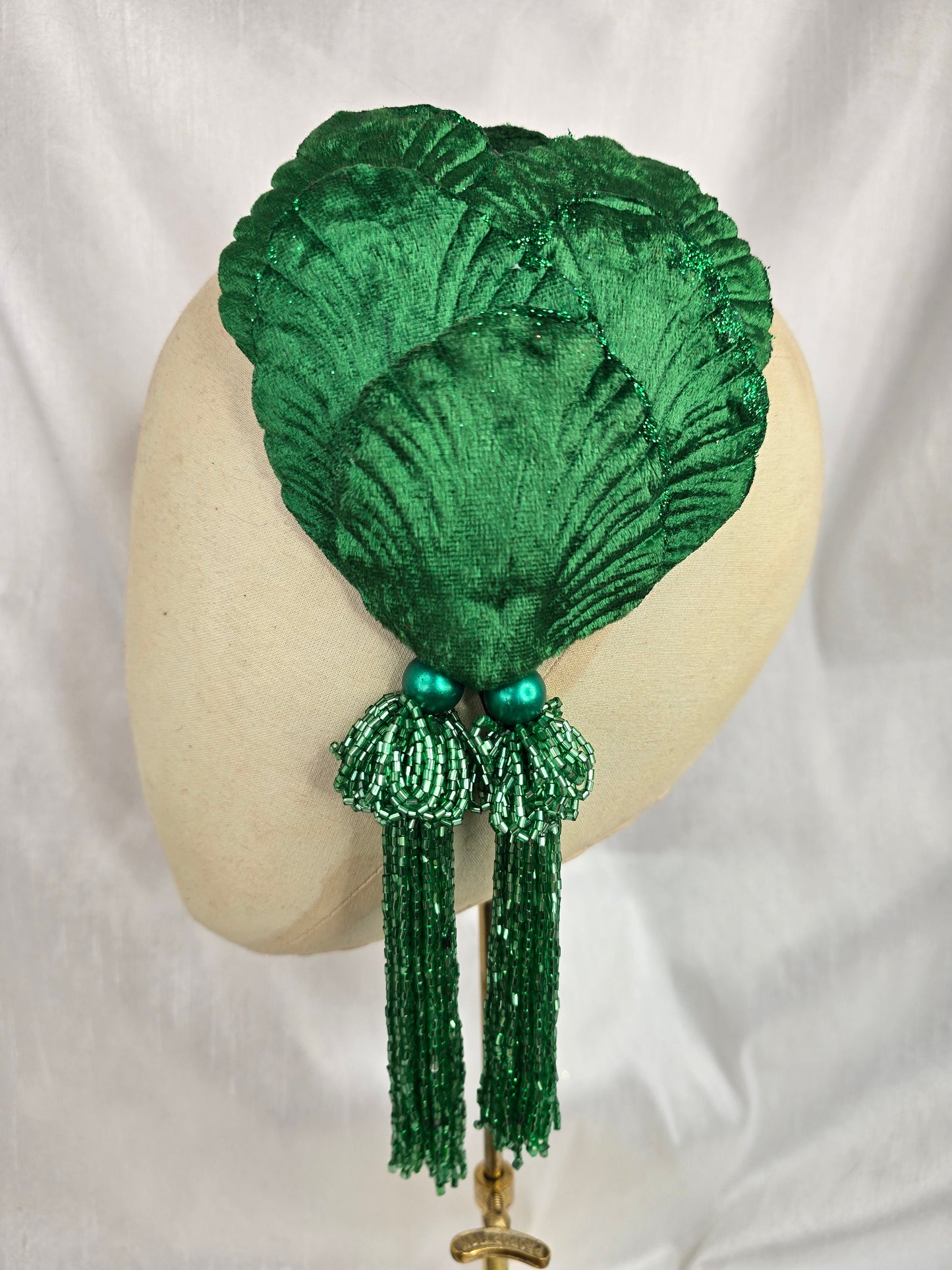 Emerald green velvet glittered half hat/fascinator with green beaded tassels (made to order)