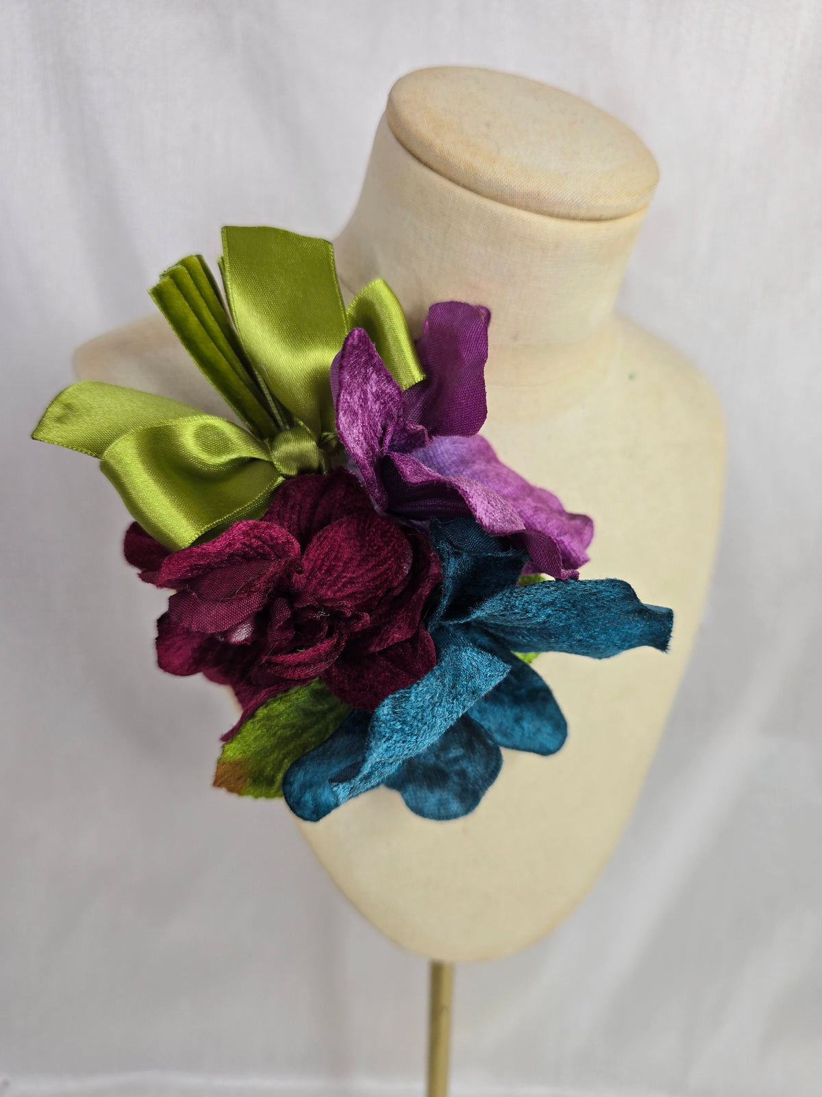 Teal, purple and burgundy velvet orchid hair flower and corsage set