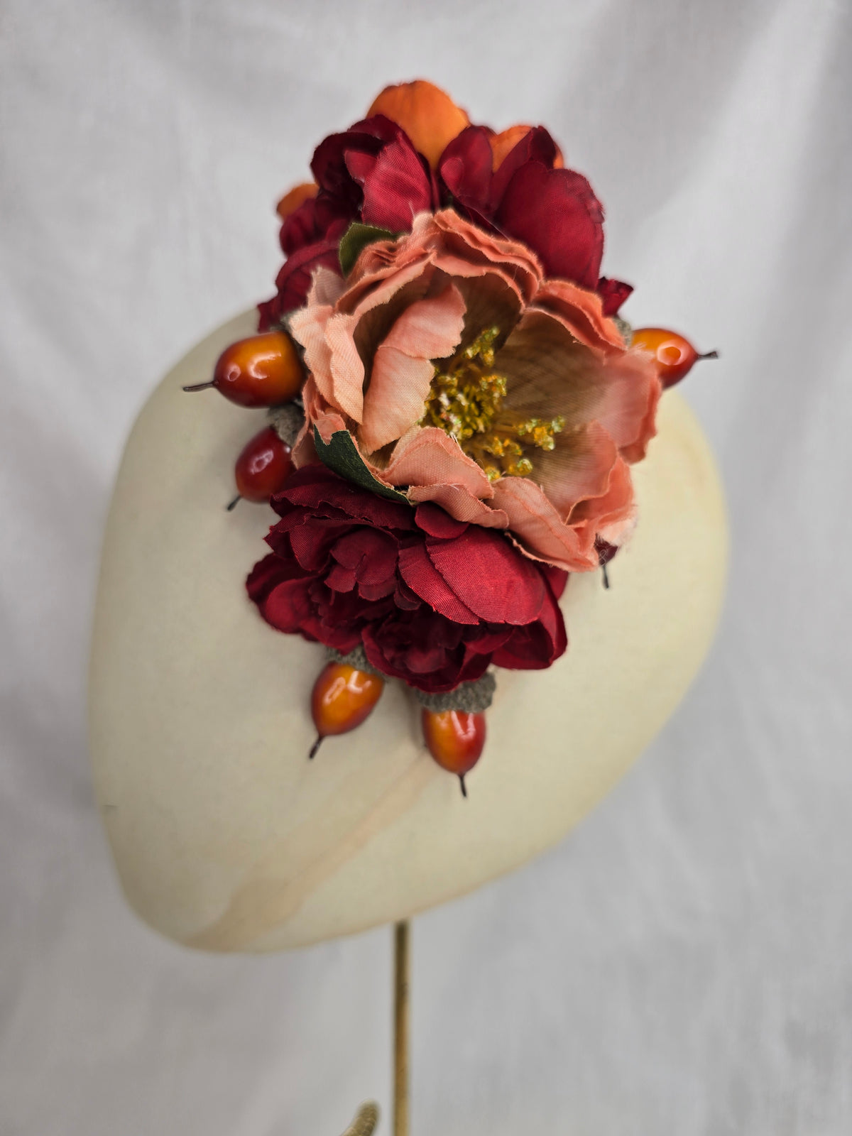 Peach, orange, red and acorn hair flower and corsage set