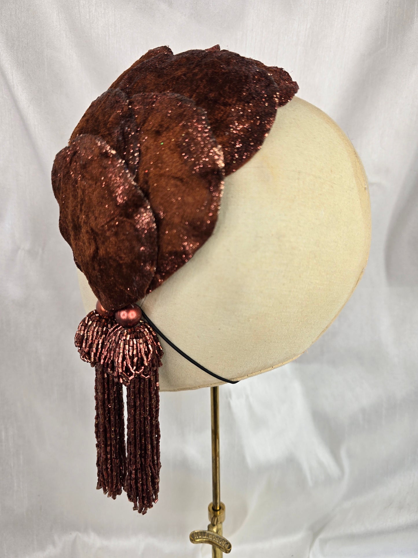 Chestnut brown glittered half hat/fascinator with beaded tassels (made to order)