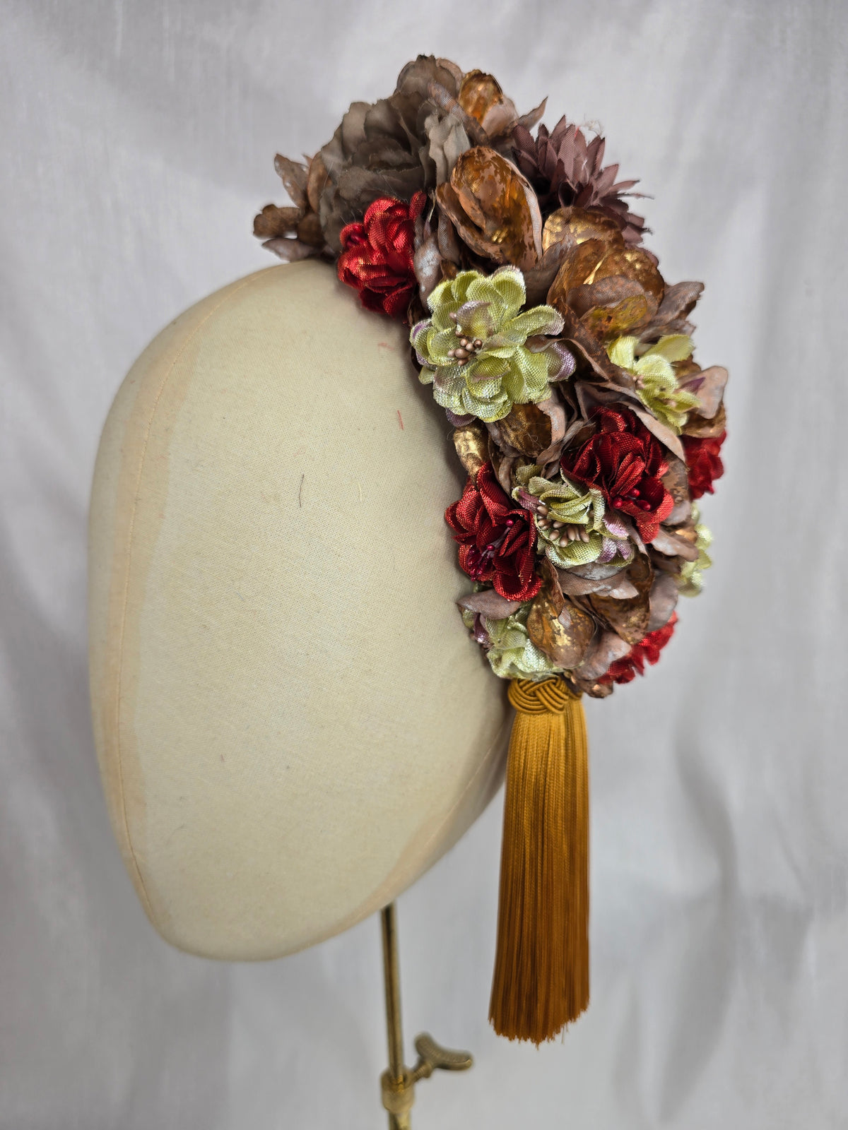 XL mocha, chartruese, and red autumn flower headpiece with mustard silky tassel