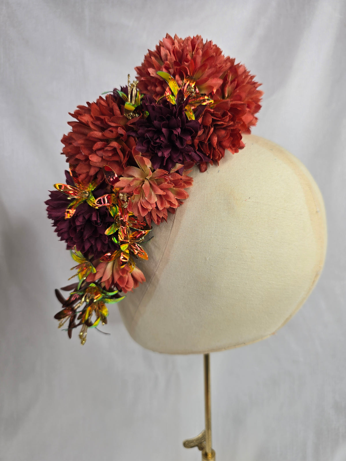 Large orange, maroon and iridescent orange large hair flower