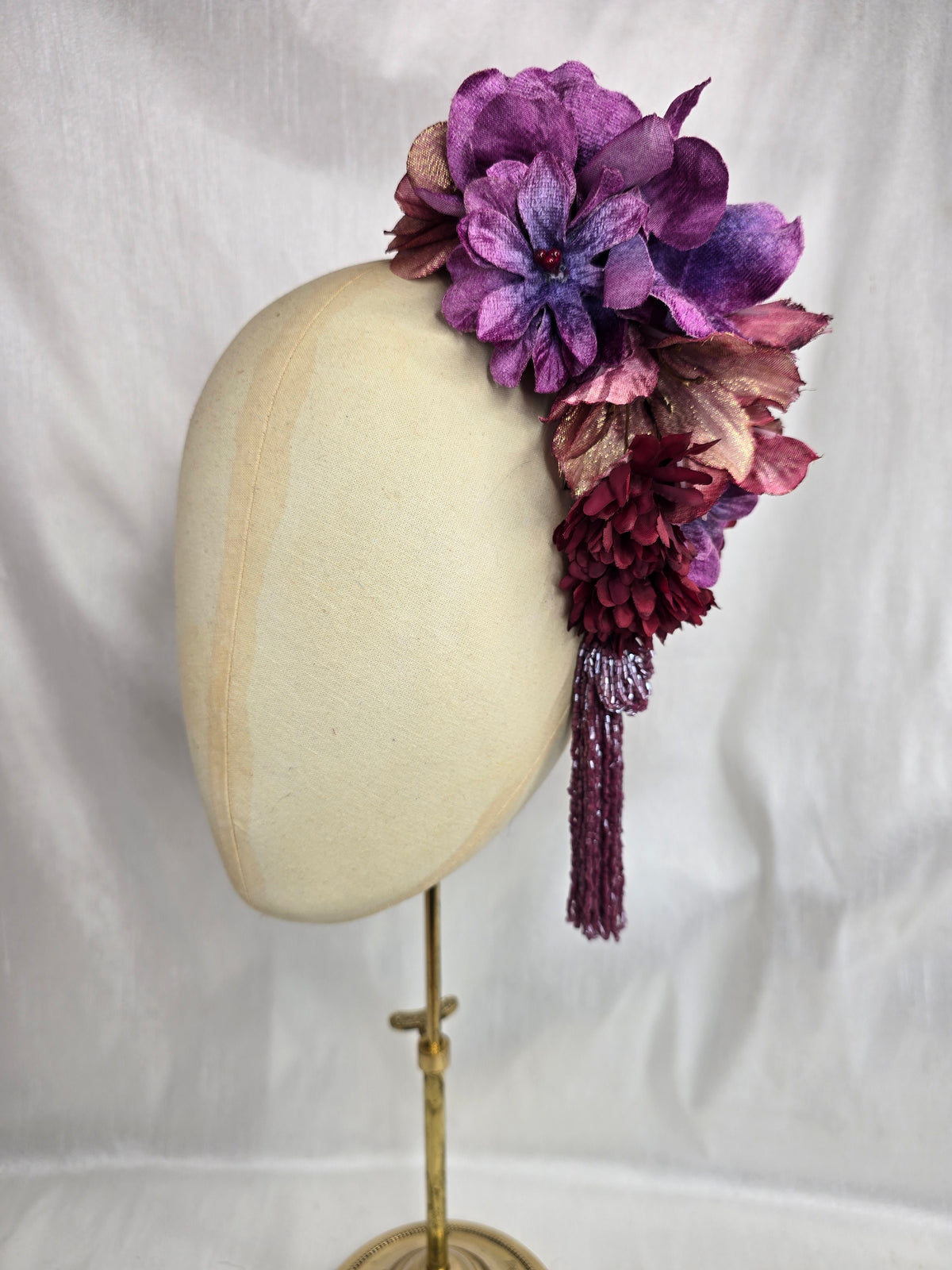 XL purple, maroon and gold autumn flower headpiece with beaded tassels