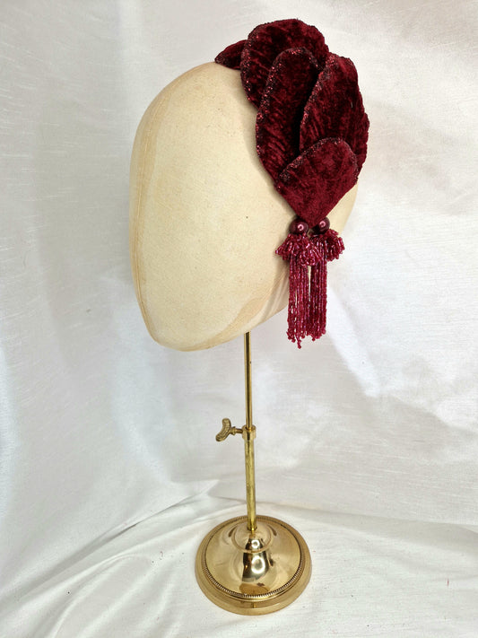 Burgundy velvet glittered half hat/fascinator with red beaded tassels (made to order)