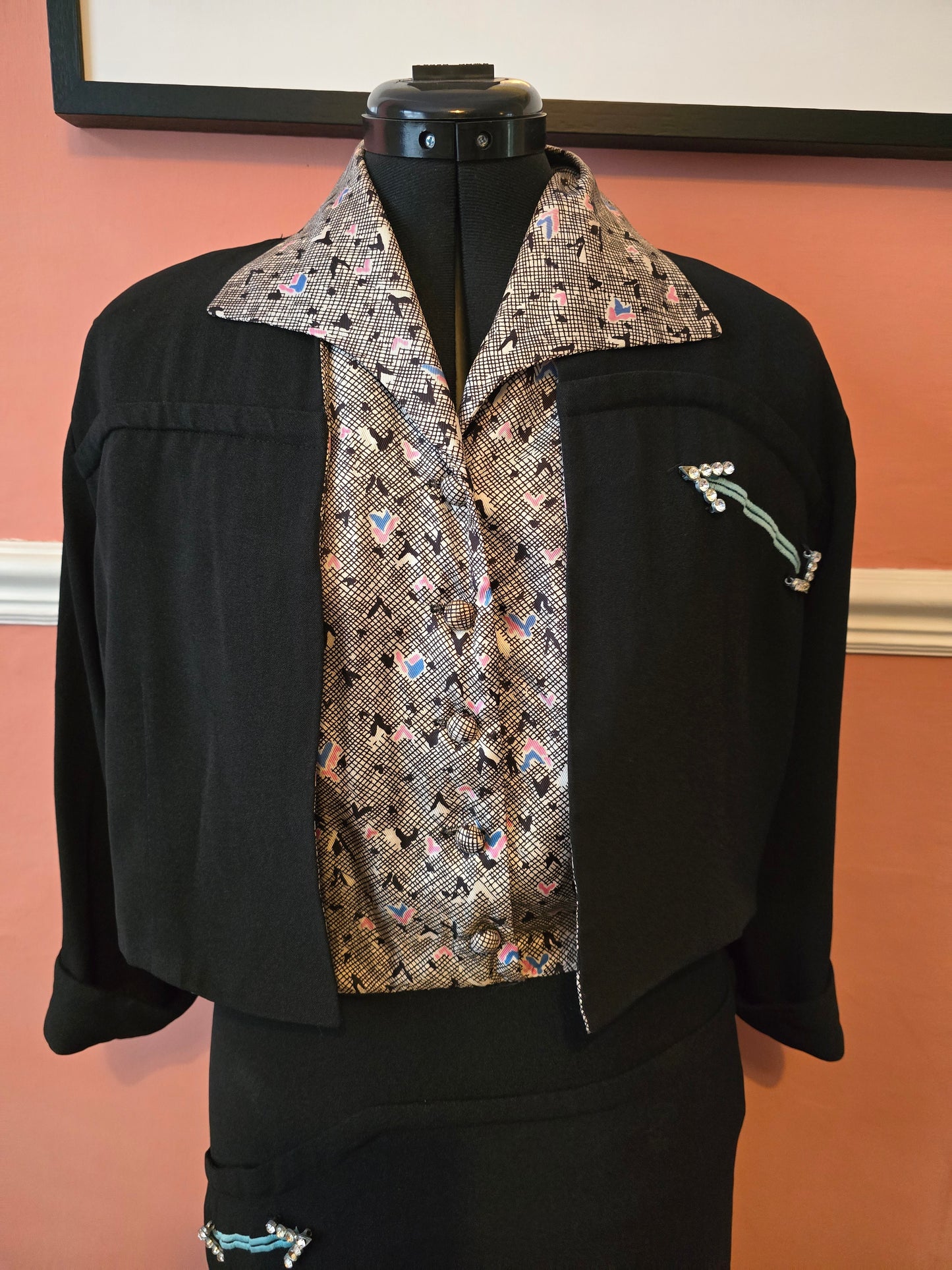 Rare late 1930s / 1940s vintage dress suit with rayon crepe bolero jacket