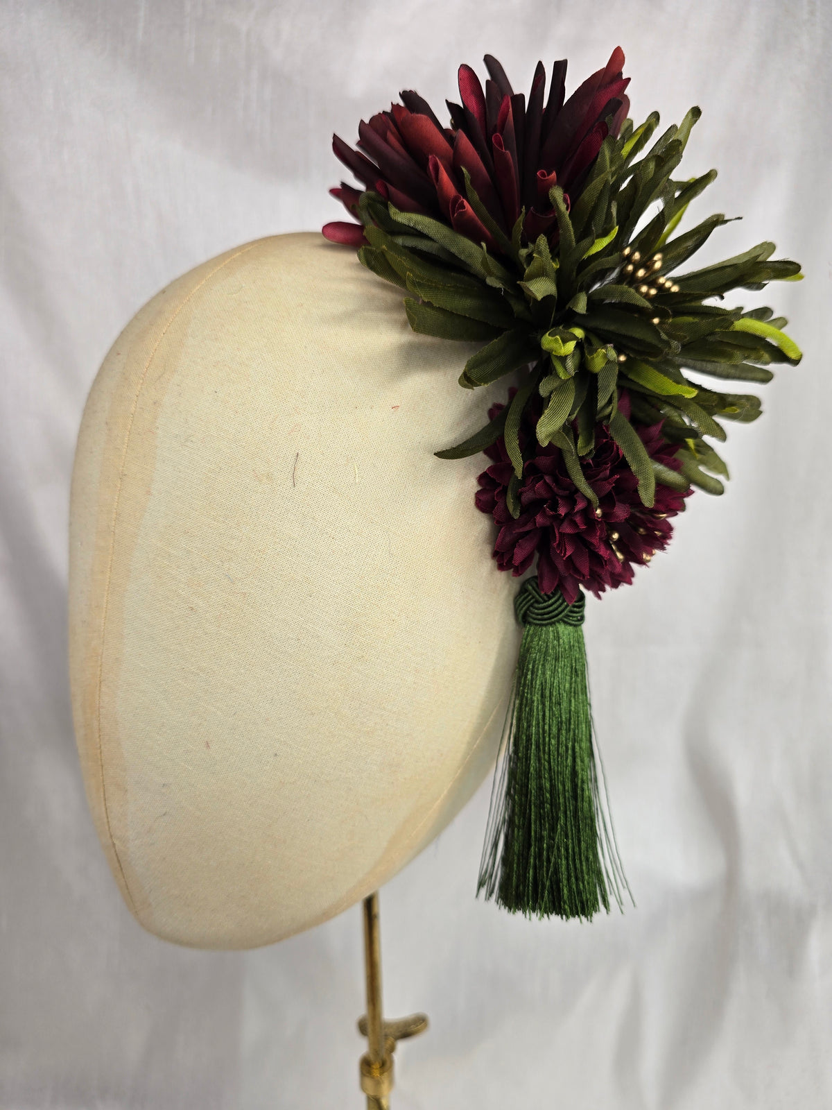 L olive, maroon and gold autumn flower headpiece/corsage with silky tassel