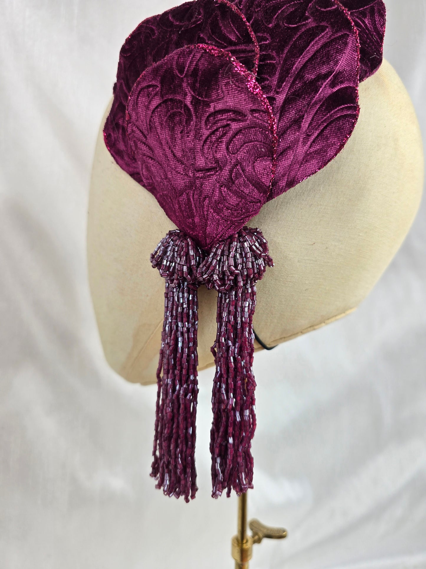 Dark magenta half hat/fascinator with beaded tassels (made to order)