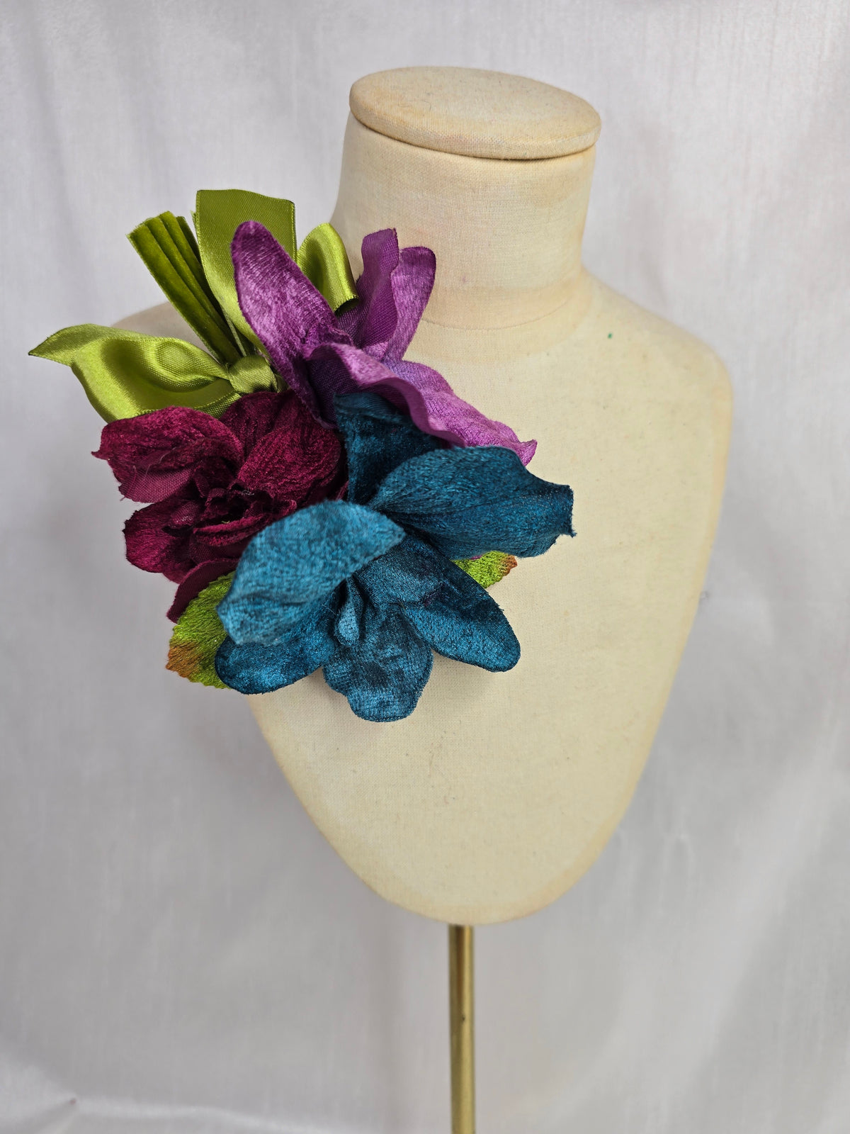 Teal, purple and burgundy velvet orchid hair flower and corsage set