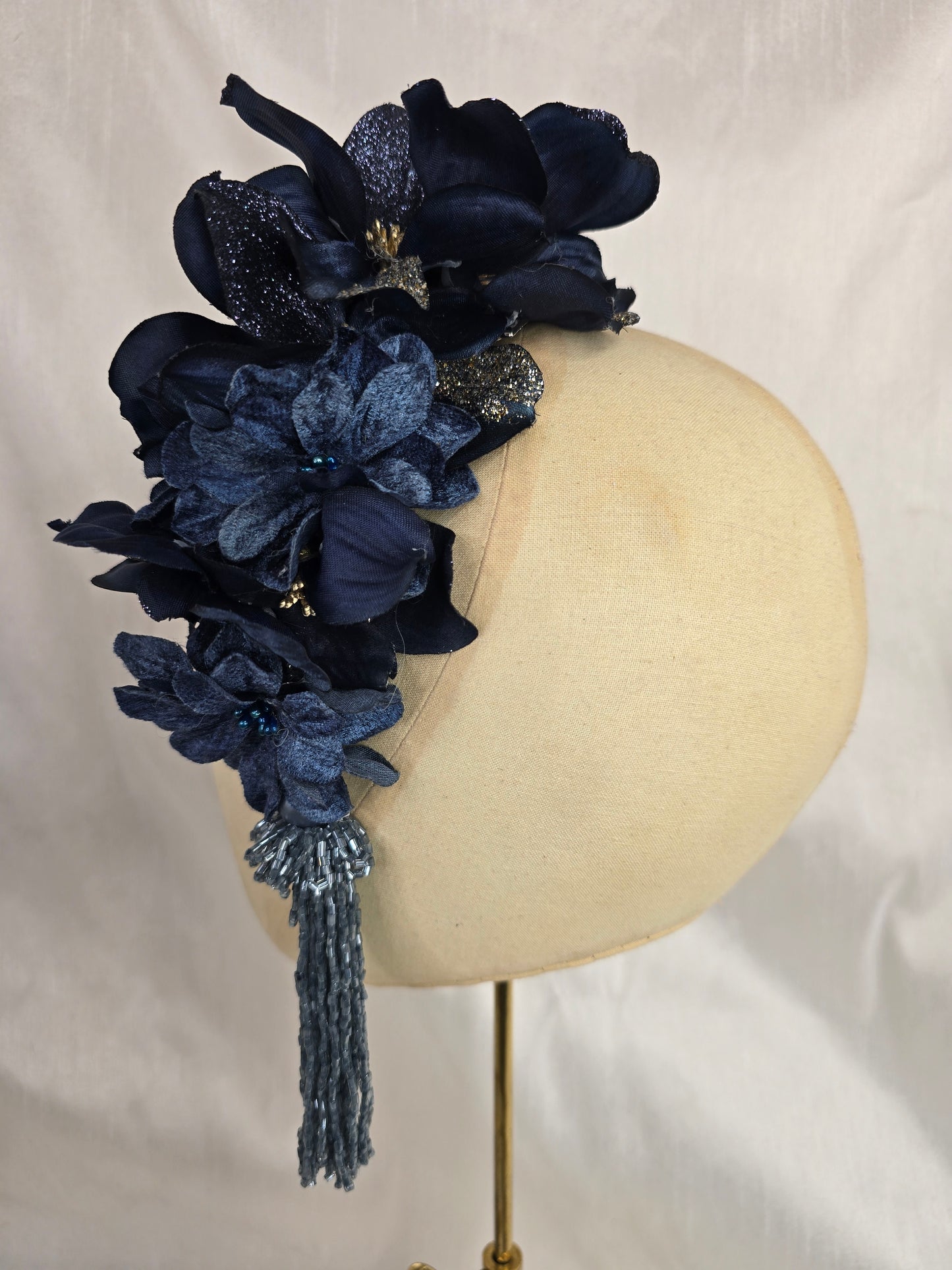 Large navy and silver flower headpiece with beaded tassels